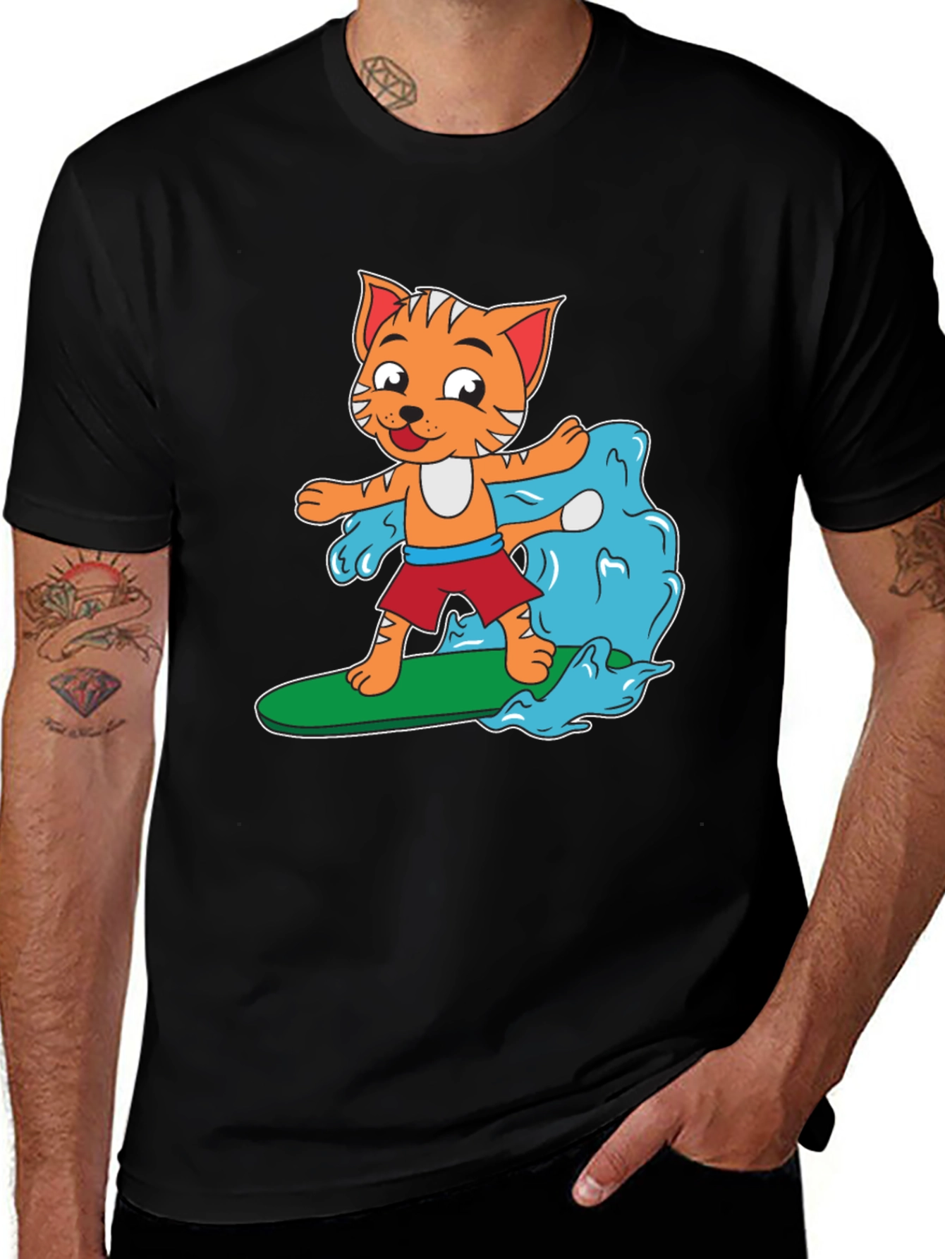 Variant 29 of Cartoon Cat Surfing T-Shirt - Black Cotton Tee