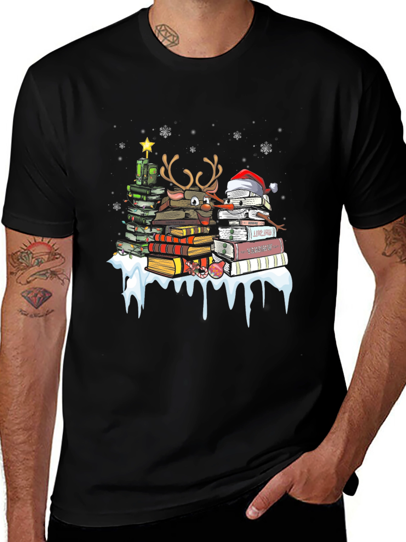 Festive Book Lover T-Shirt: Christmas Tree & Reindeer