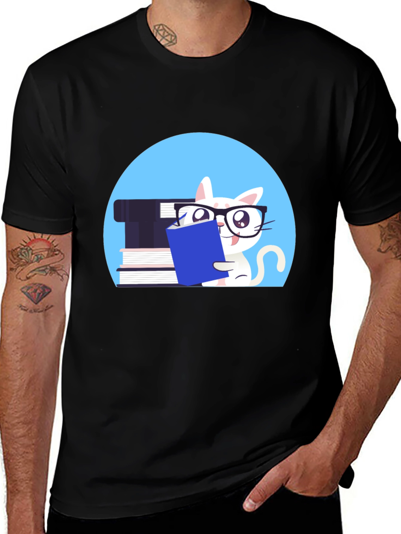 Black Reading Cat Graphic Tee - Unisex Cotton T-Shirt main image