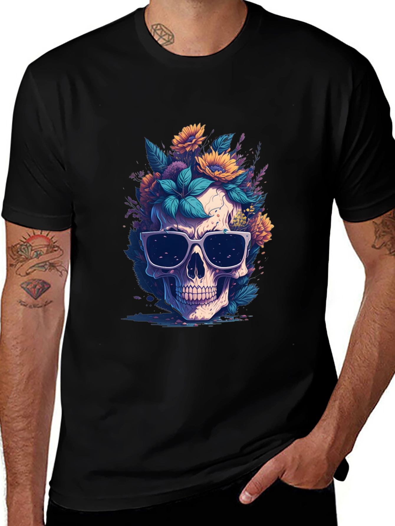 Variant 13 of Skull & Flowers Graphic Black Tee