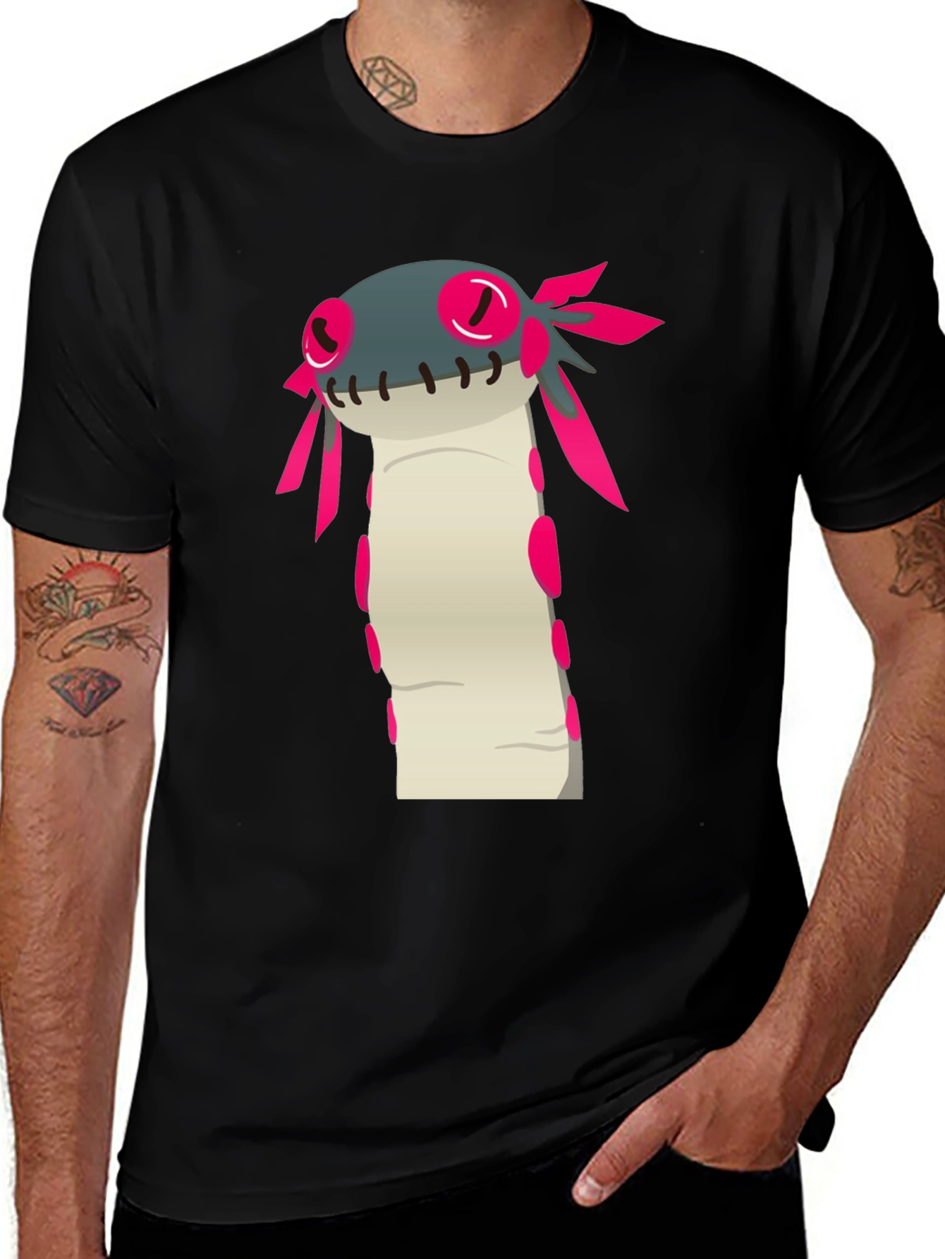 Variant 2 of Cartoon Axolotl T-Shirt - Black Cotton