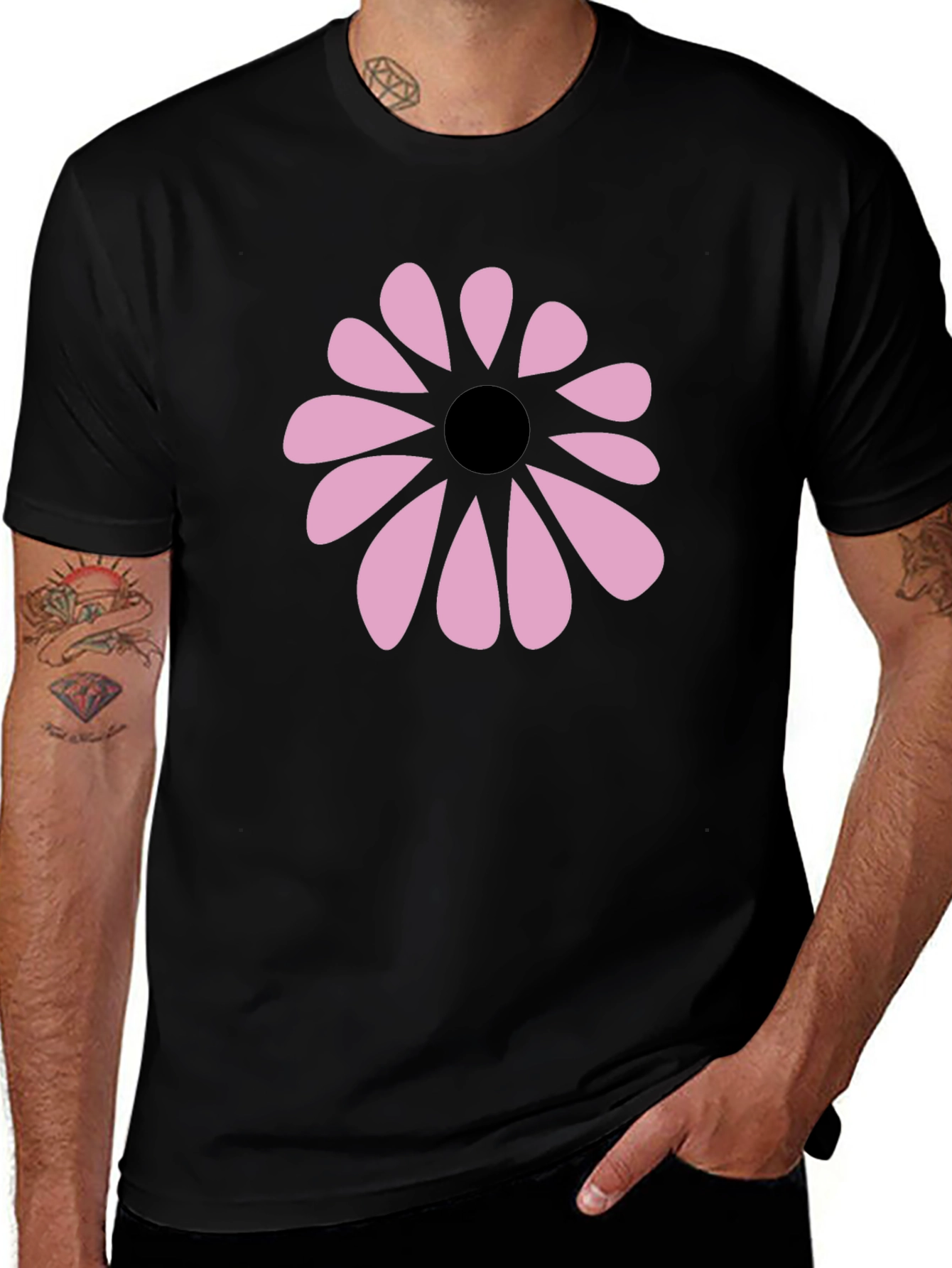 Variant 30 of Pink Daisy Graphic Black Tee - Men's Casual Comfort