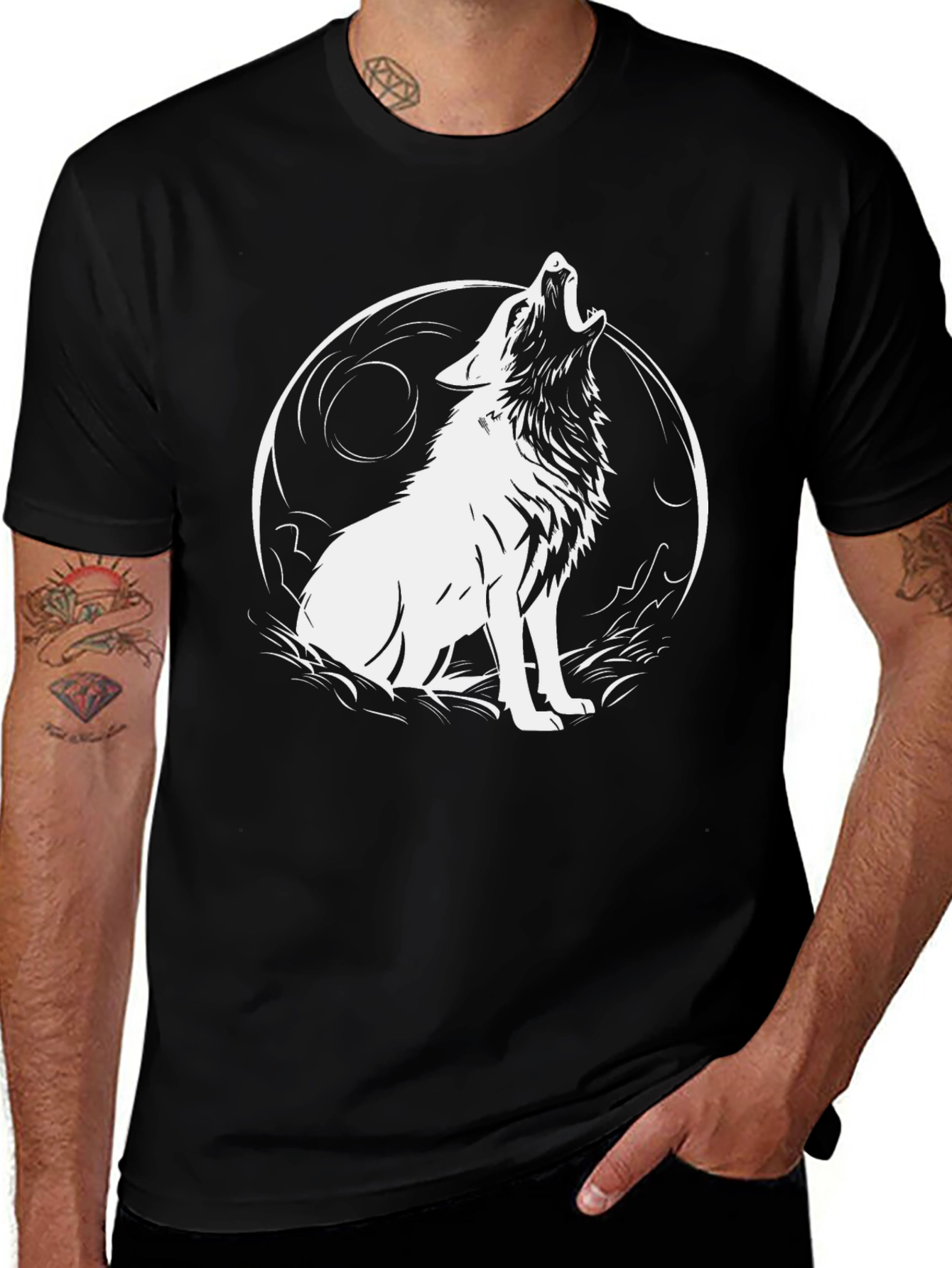 Variant 12 of Wolf Howling at Moon Graphic Black T-Shirt