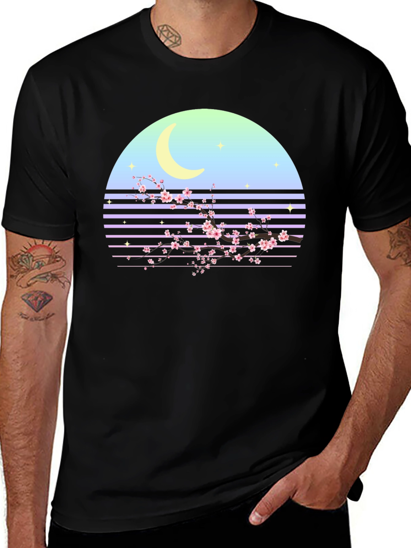 Variant 3 of Retro Moon Cherry Blossom Graphic Tee