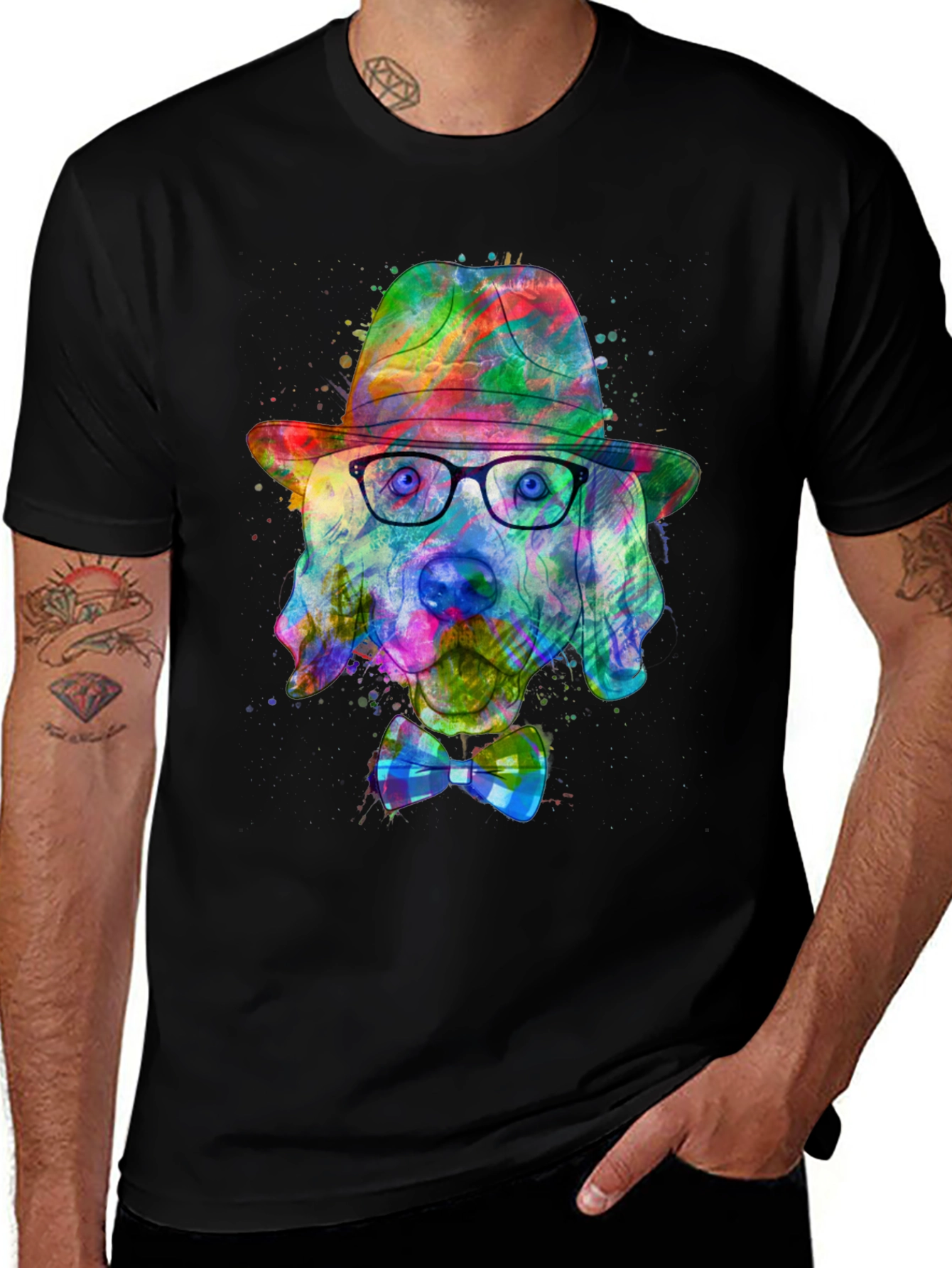 Variant 16 of Dog Art T-Shirt - Watercolor Dog with Hat & Bowtie