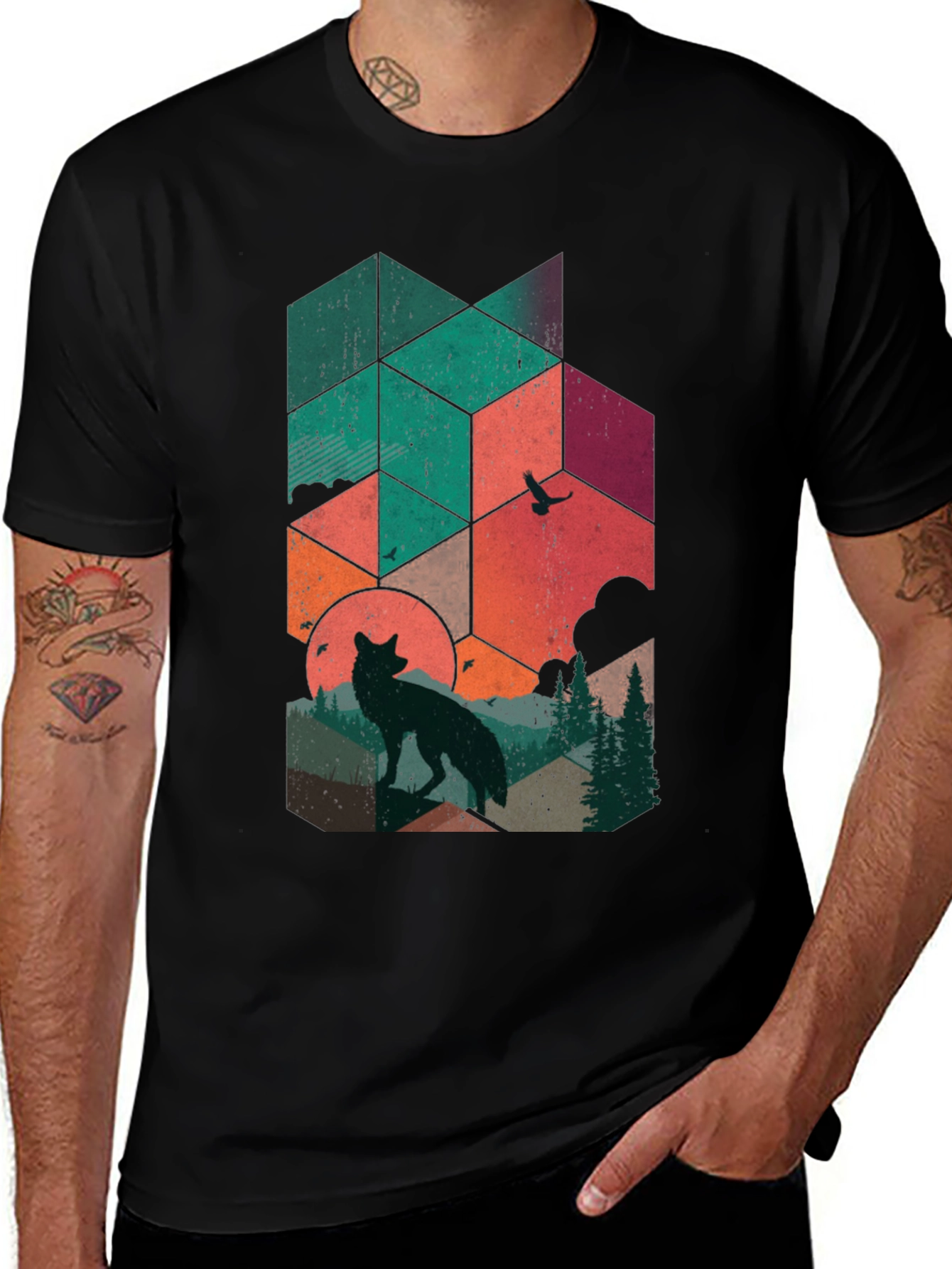 Geometric Wolf Graphic Tee - Nature Inspired Design