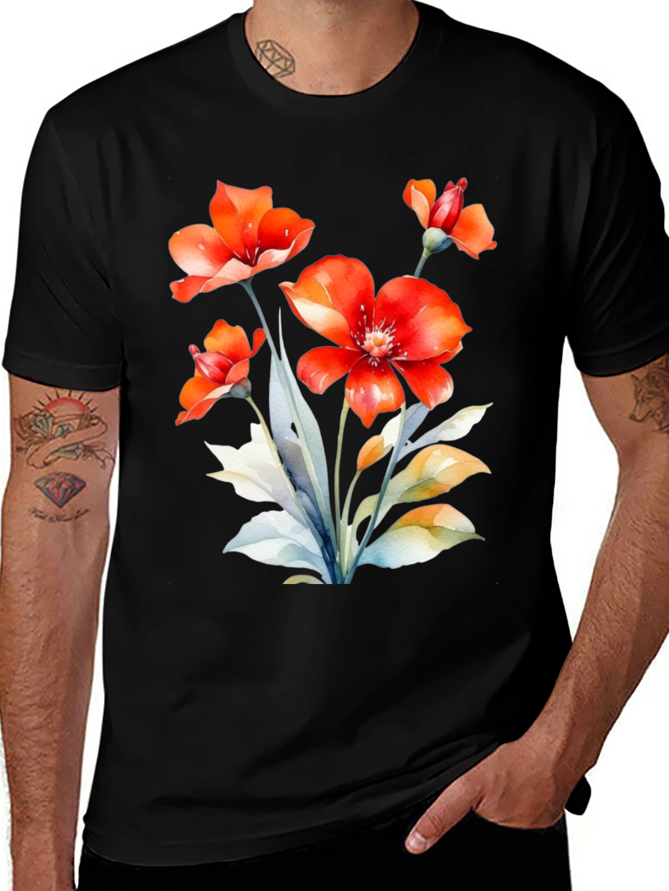 Variant 27 of Floral Print Tee - Red Flowers on Black T-Shirt