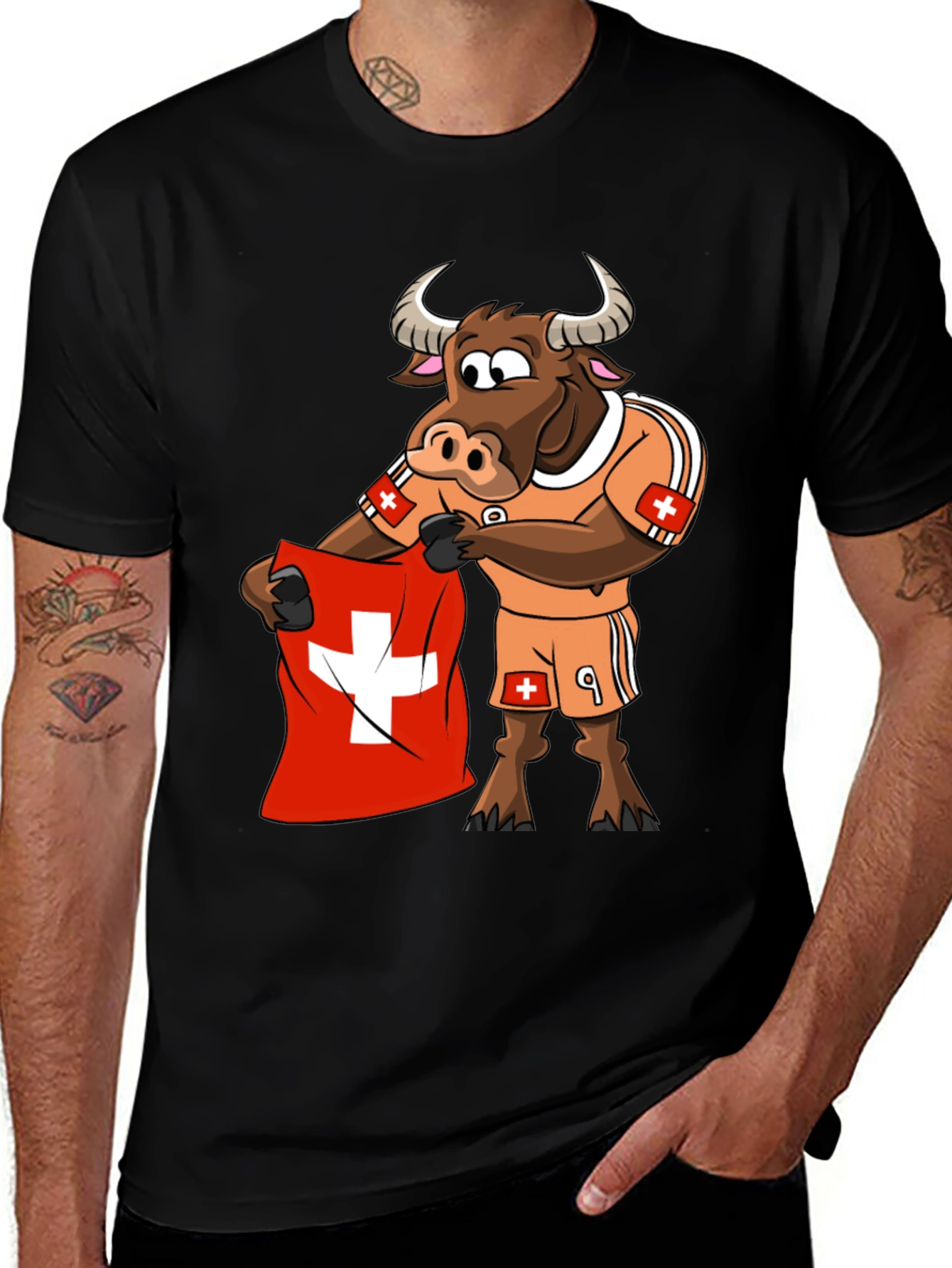 Variant 24 of Swiss Bull Soccer Fan T-Shirt - Black Cotton Tee