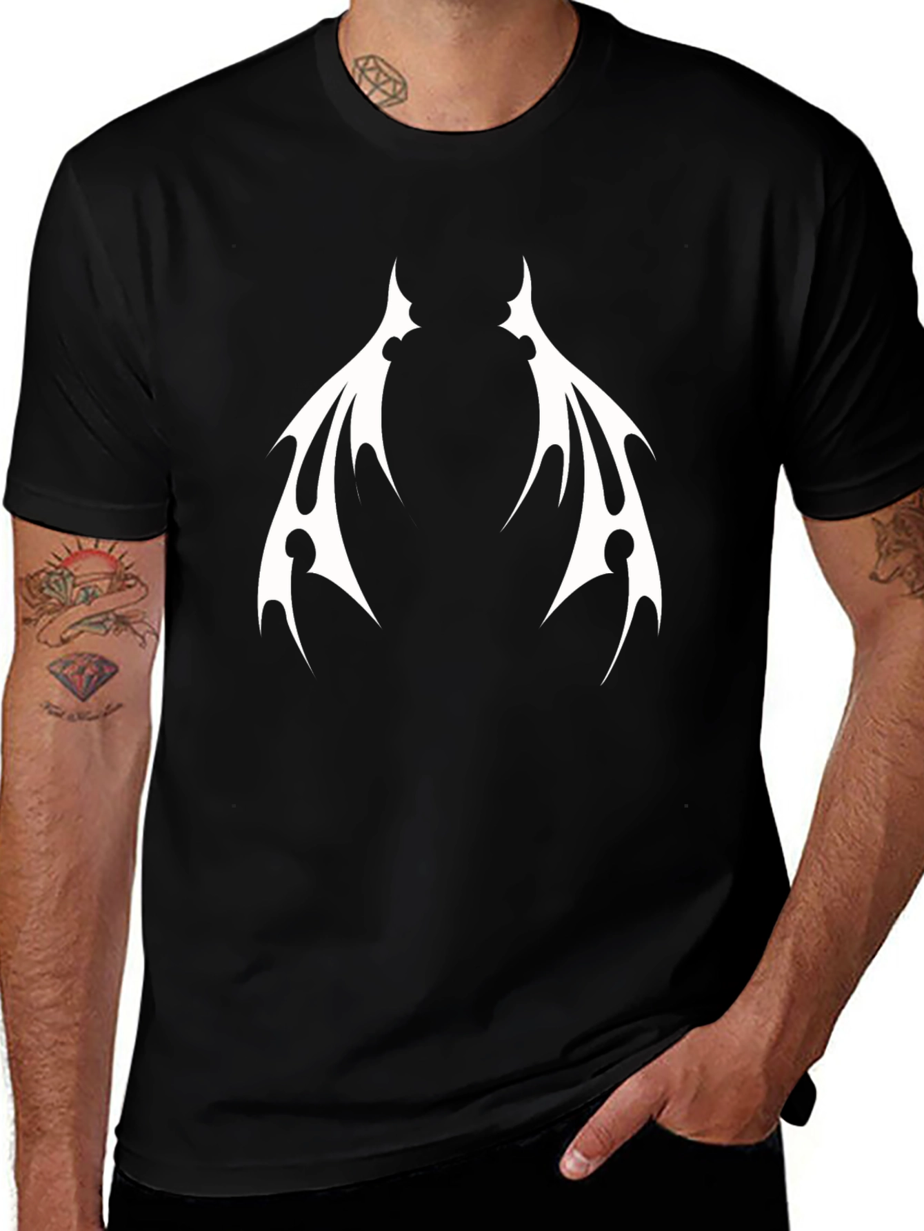 Variant 4 of Black T-Shirt with White Tribal Wings Design