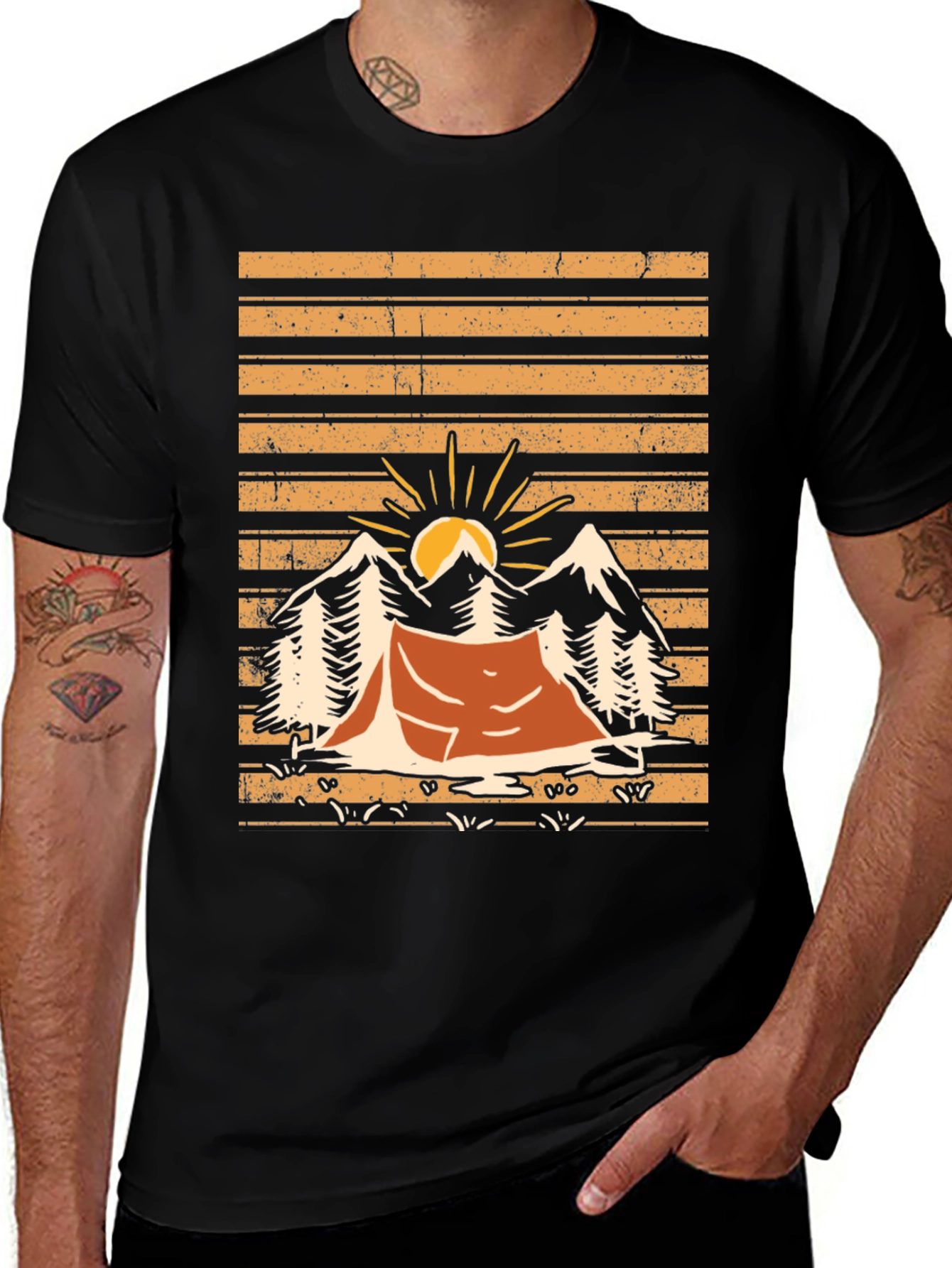 Camping Adventure T-Shirt: Mountain Tent & Sunrise Design