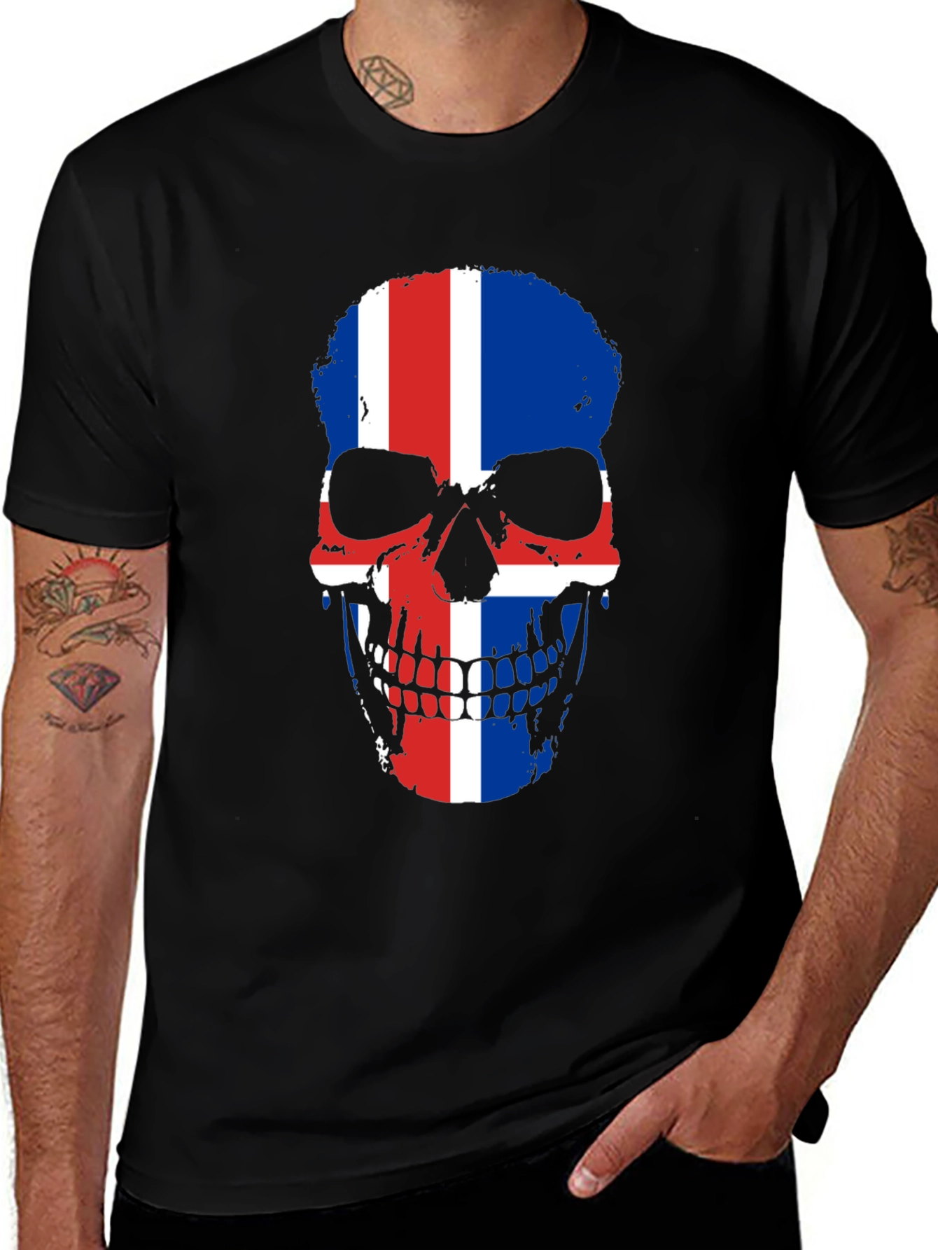 Variant 29 of Iceland Flag Skull Graphic Tee - Black Cotton Shirt