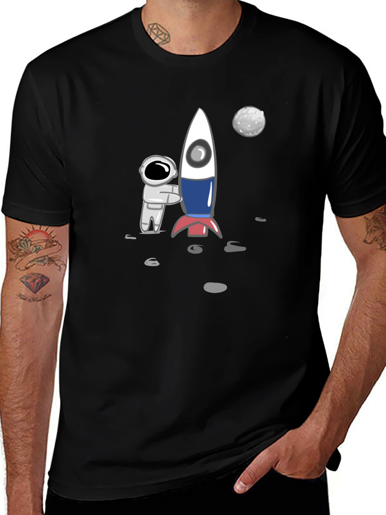 Variant 7 of Astronaut & Rocket Graphic Tee - Black Cotton