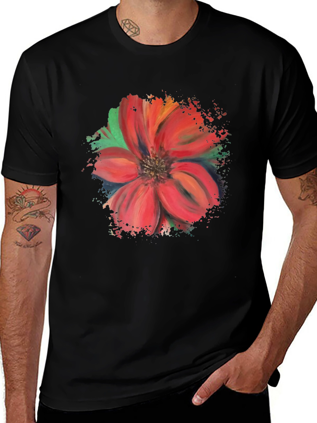 Variant 15 of Red Floral Graphic Black T-Shirt