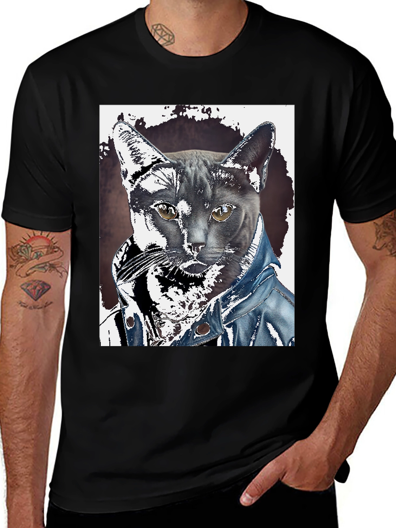 Variant 6 of Cat in Denim Jacket Graphic Tee - Unique Print