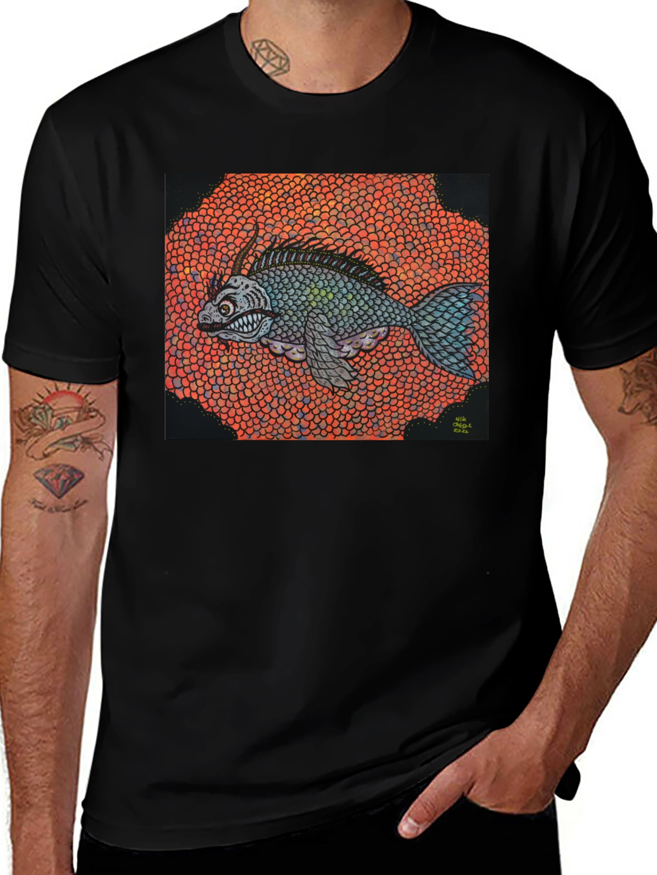 Variant 18 of Fish Art Graphic Print Black T-Shirt
