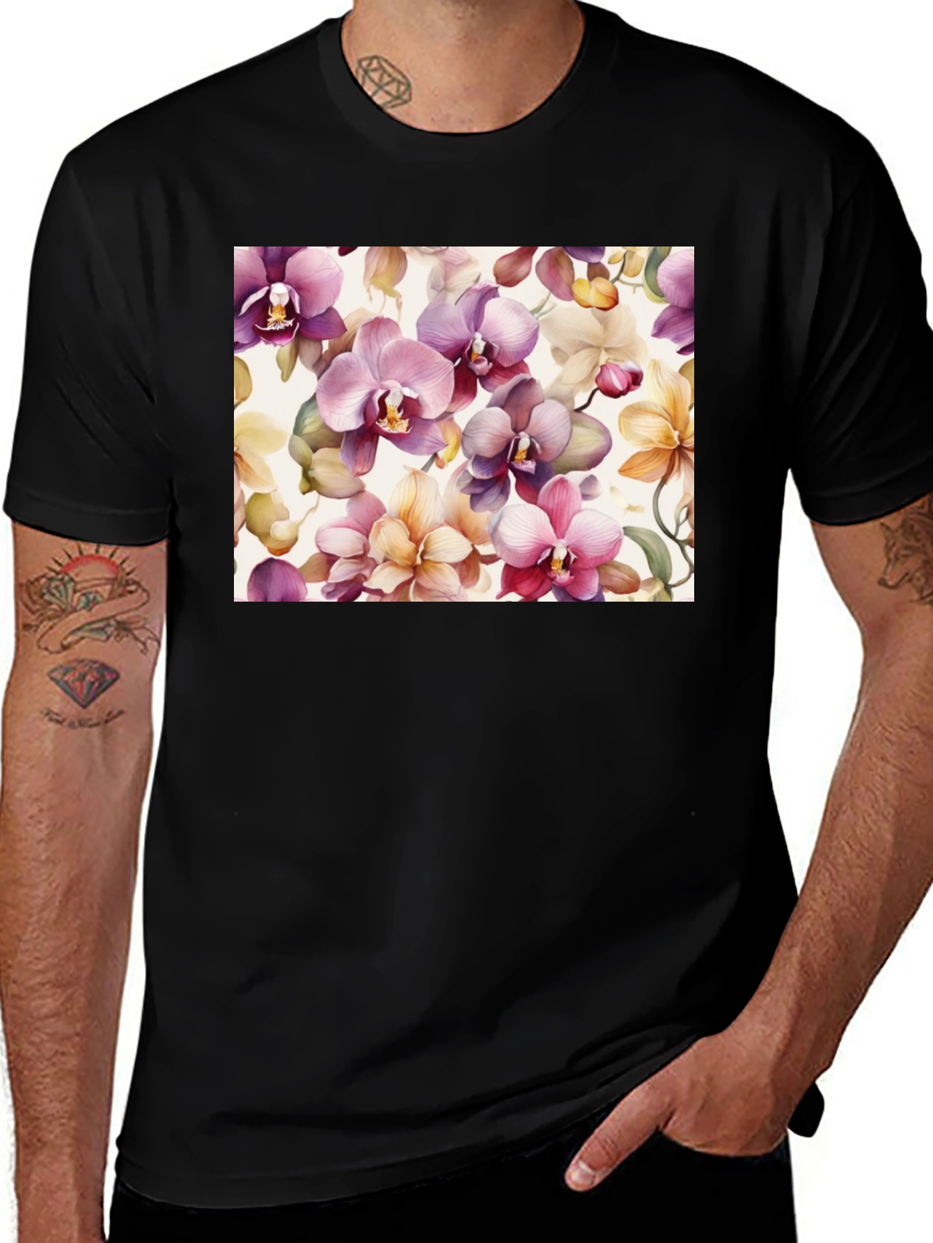 Variant 17 of Floral Orchid Print Black T-Shirt