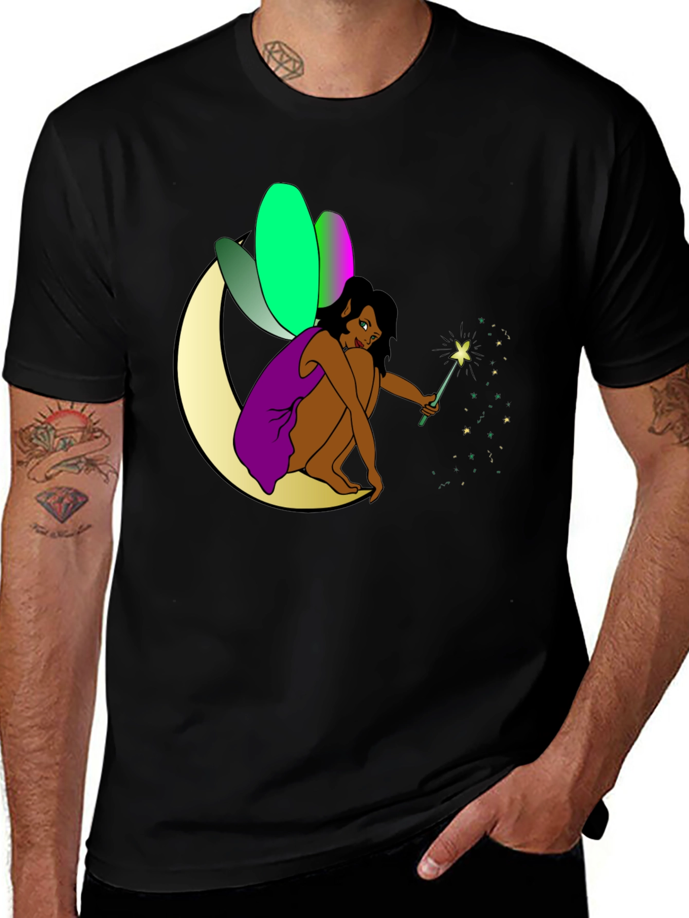 Variant 28 of Whimsical Fairy Graphic Tee - Black Cotton Blend