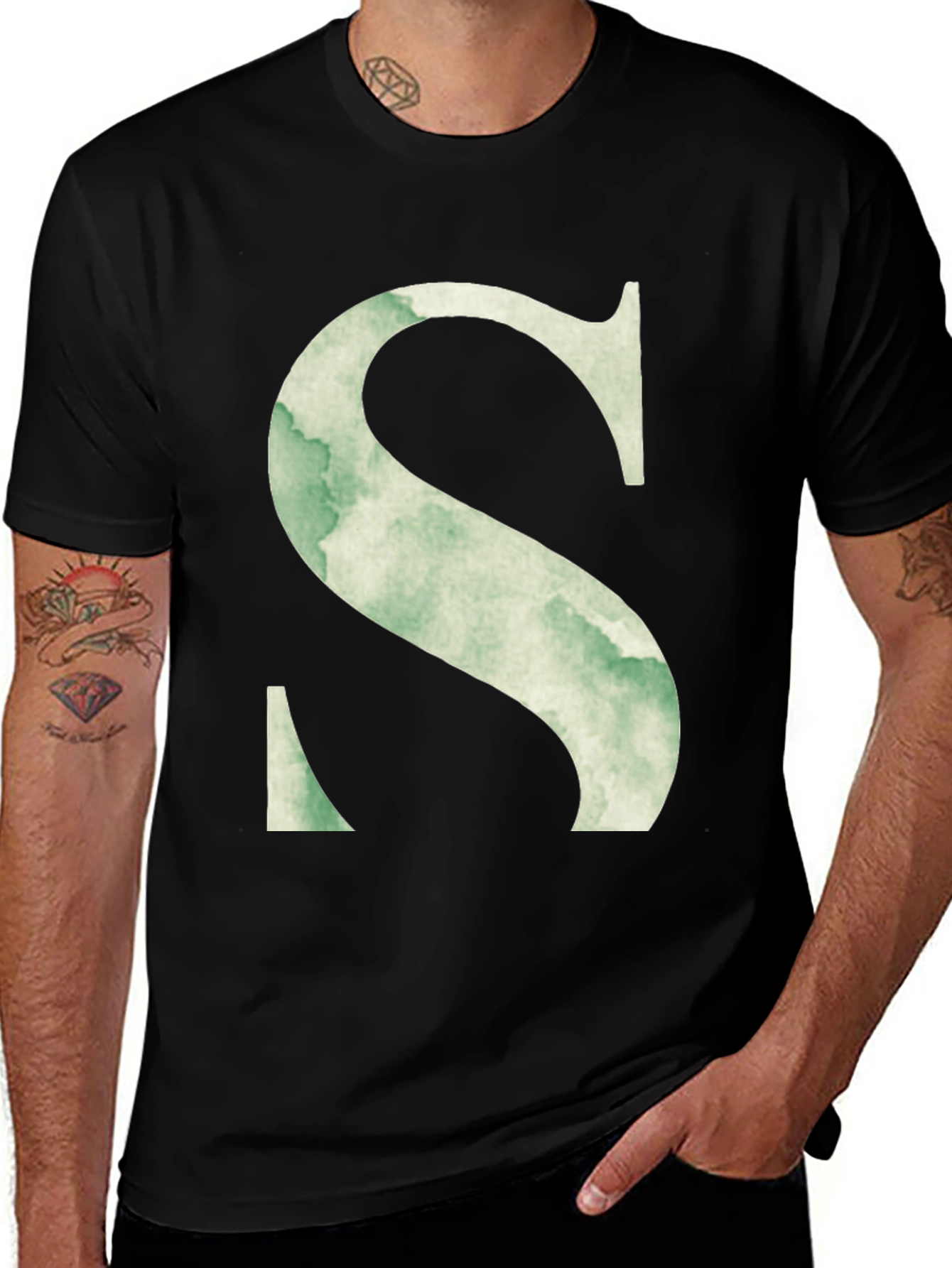Variant 20 of Letter S Watercolor Graphic Tee - Black Cotton Casual Shirt