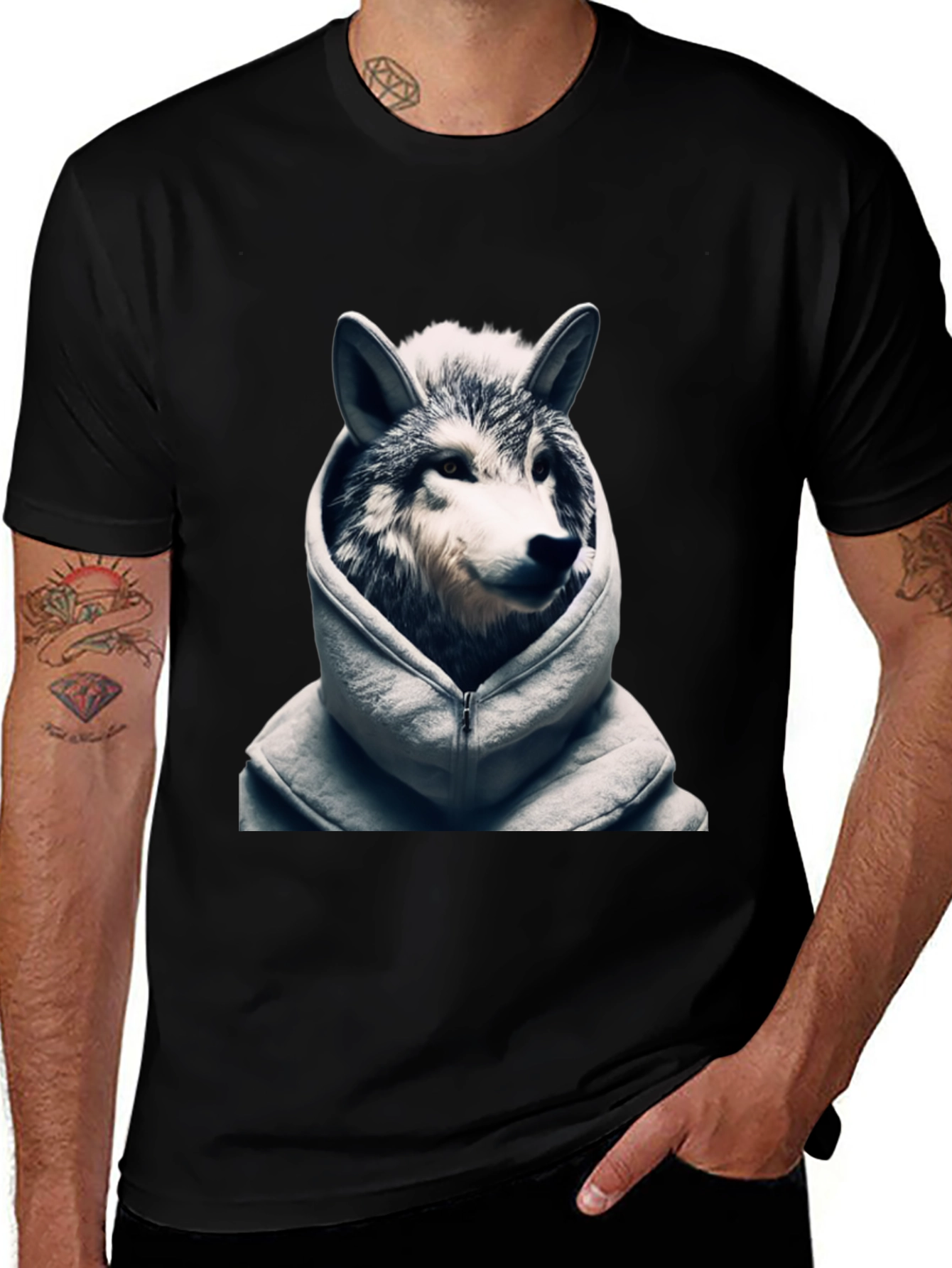 Variant 25 of Wolf in Hoodie Graphic T-Shirt - Black