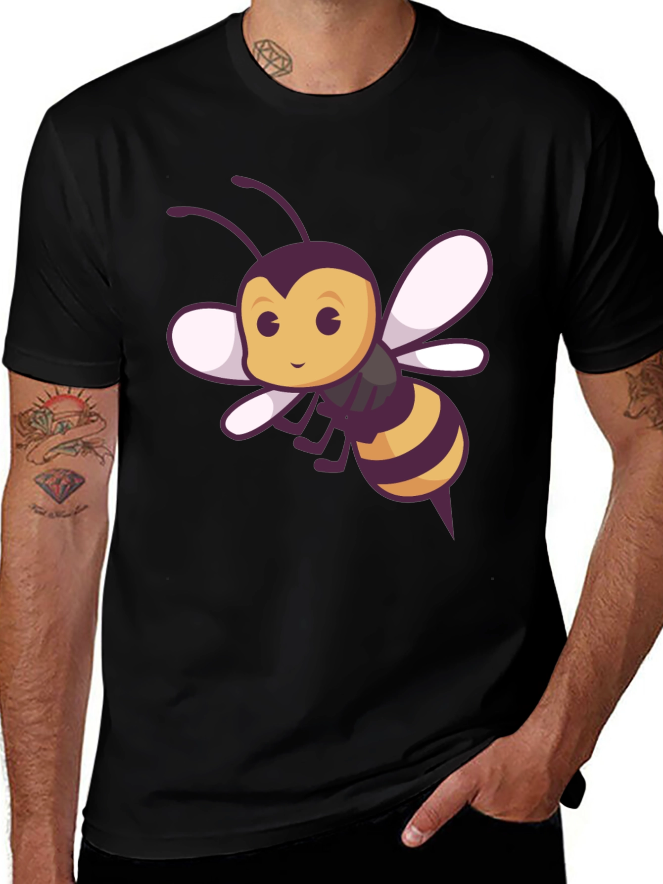 Black Cute Bee Graphic Tee - Black Cotton T-Shirt main image