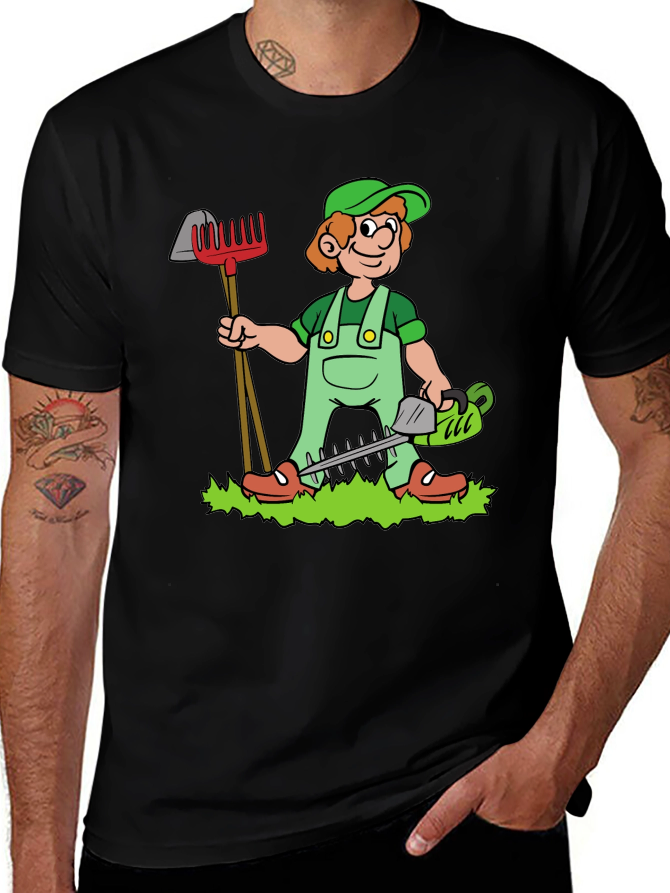 Variant 12 of Gardener Cartoon Graphic Tee - Black Cotton T-Shirt