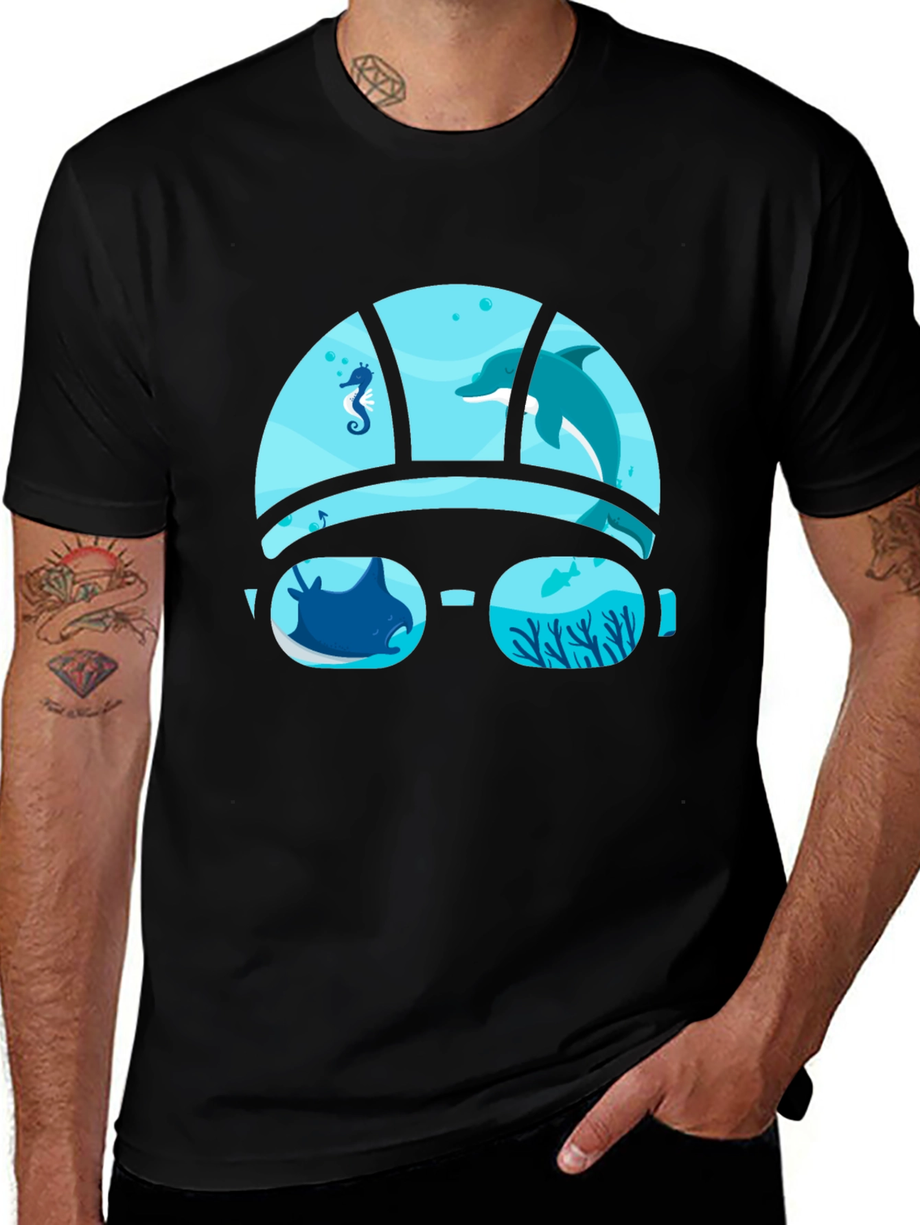 Variant 17 of Ocean Life Graphic Tee - Diver Style Black T-Shirt