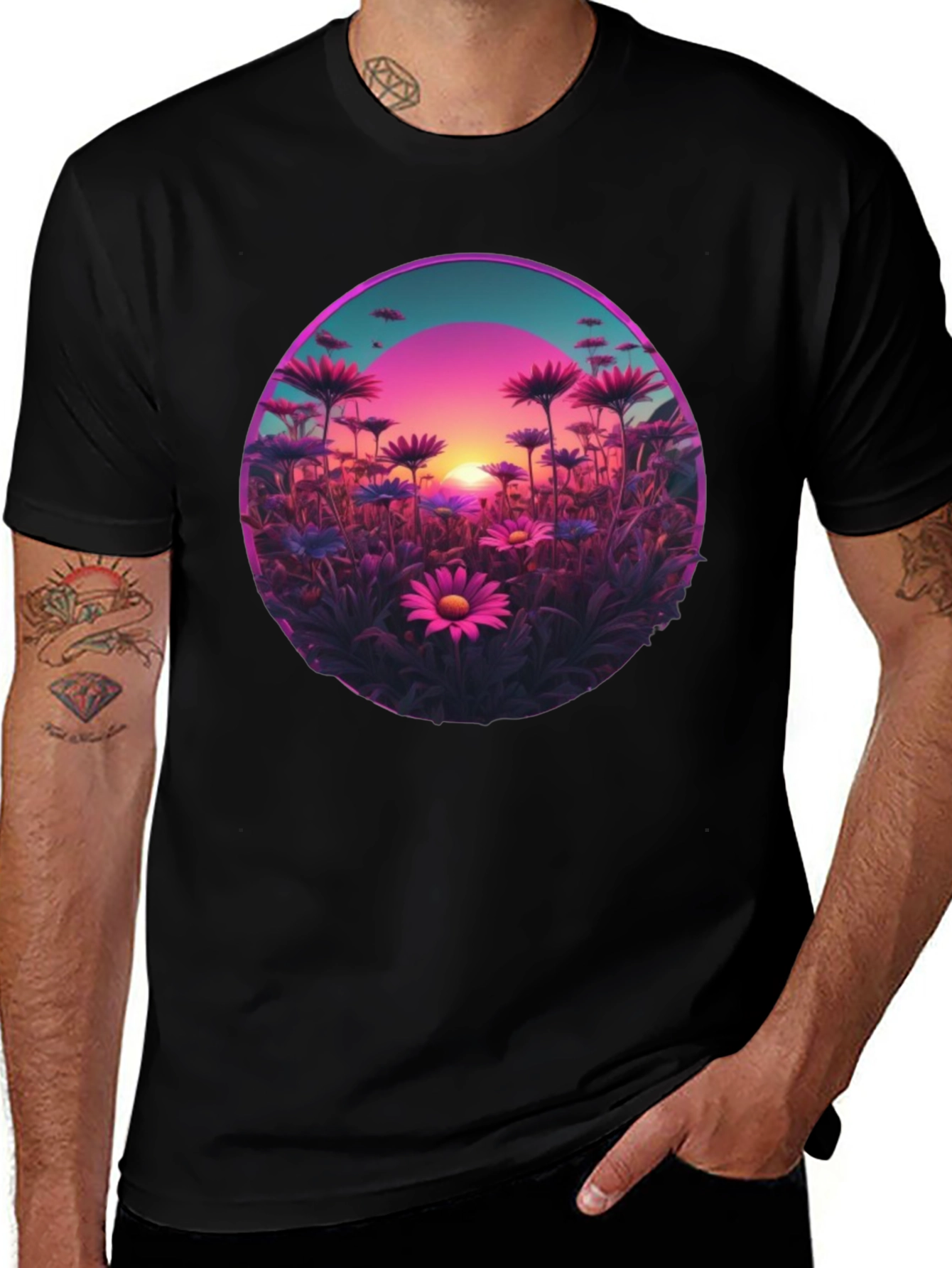 Variant 21 of Floral Sunset Graphic Tee - Stylish Black T-Shirt