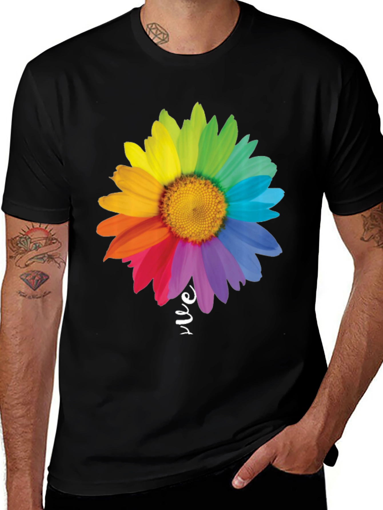 Variant 10 of Rainbow Daisy Graphic Tee - Black Cotton Blend