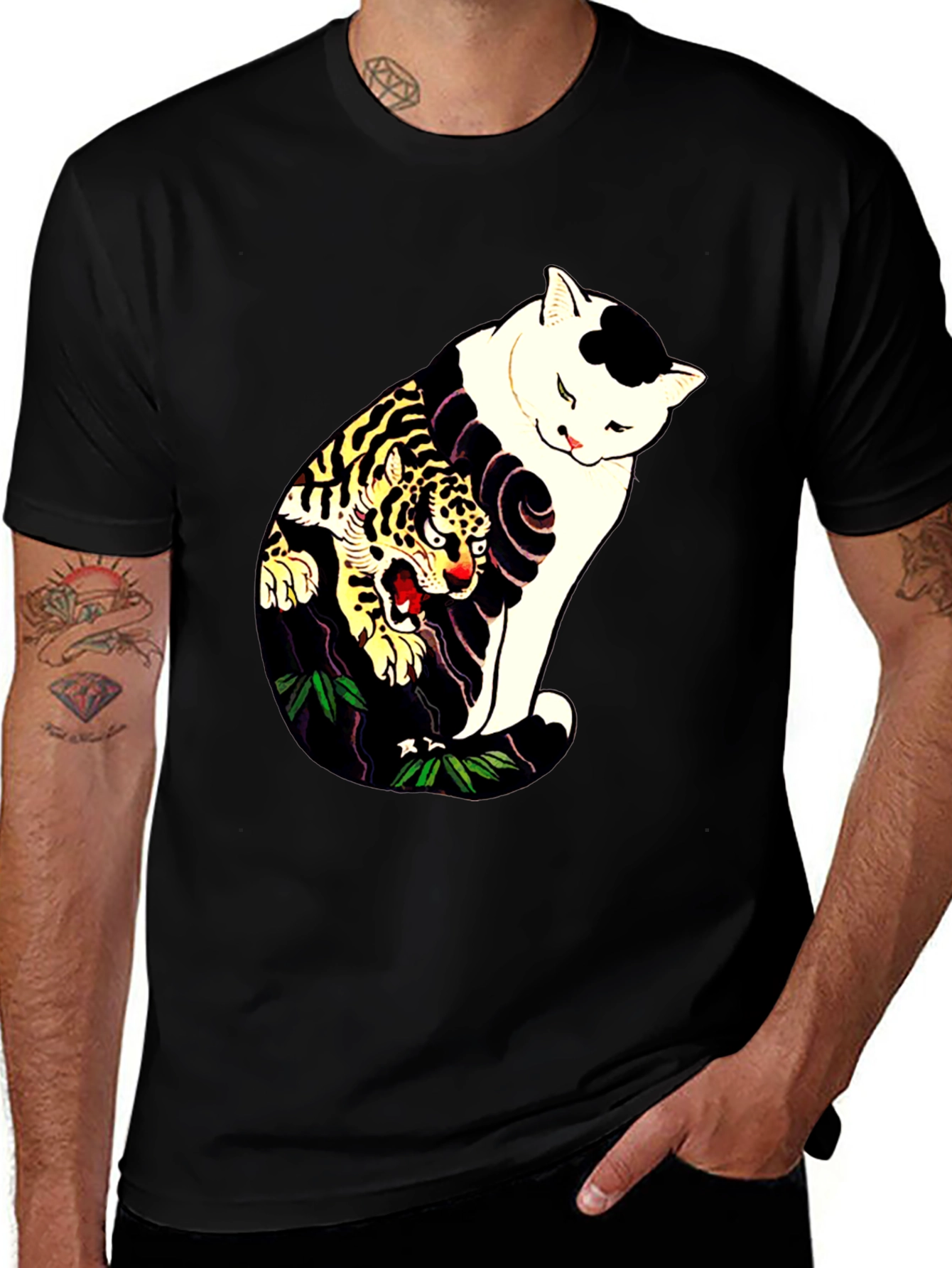 Variant 29 of Black Cat & Tiger Print T-Shirt - Unique Graphic Tee