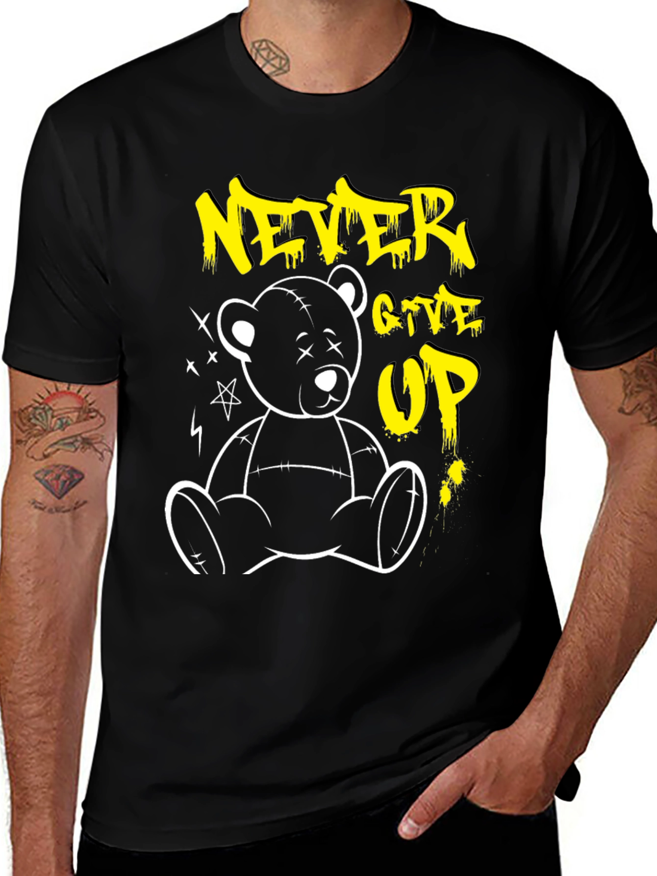 Never Give Up Teddy Bear Graphic T-Shirt