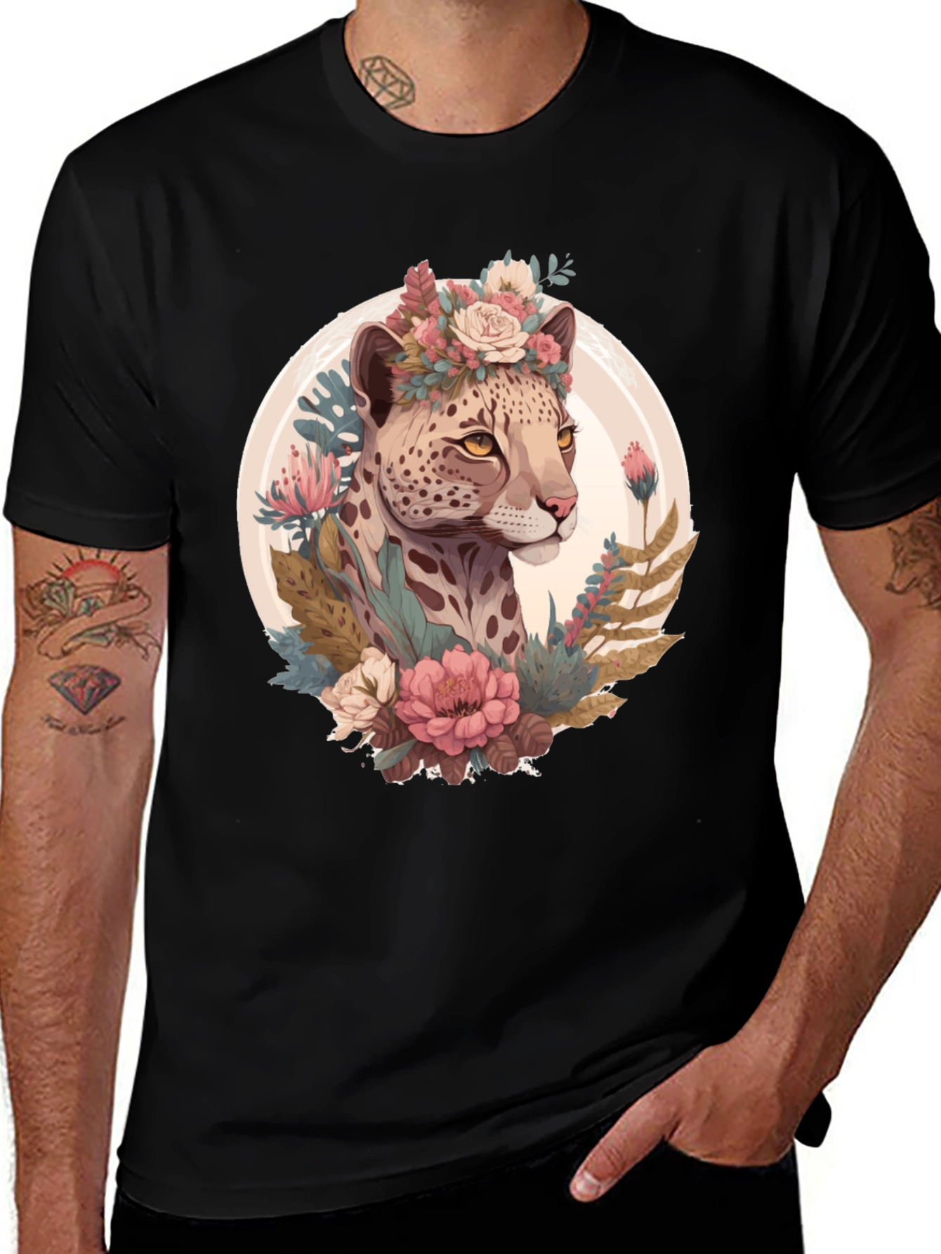 Variant 22 of Leopard Floral Graphic Tee - Trendy Animal Print Shirt