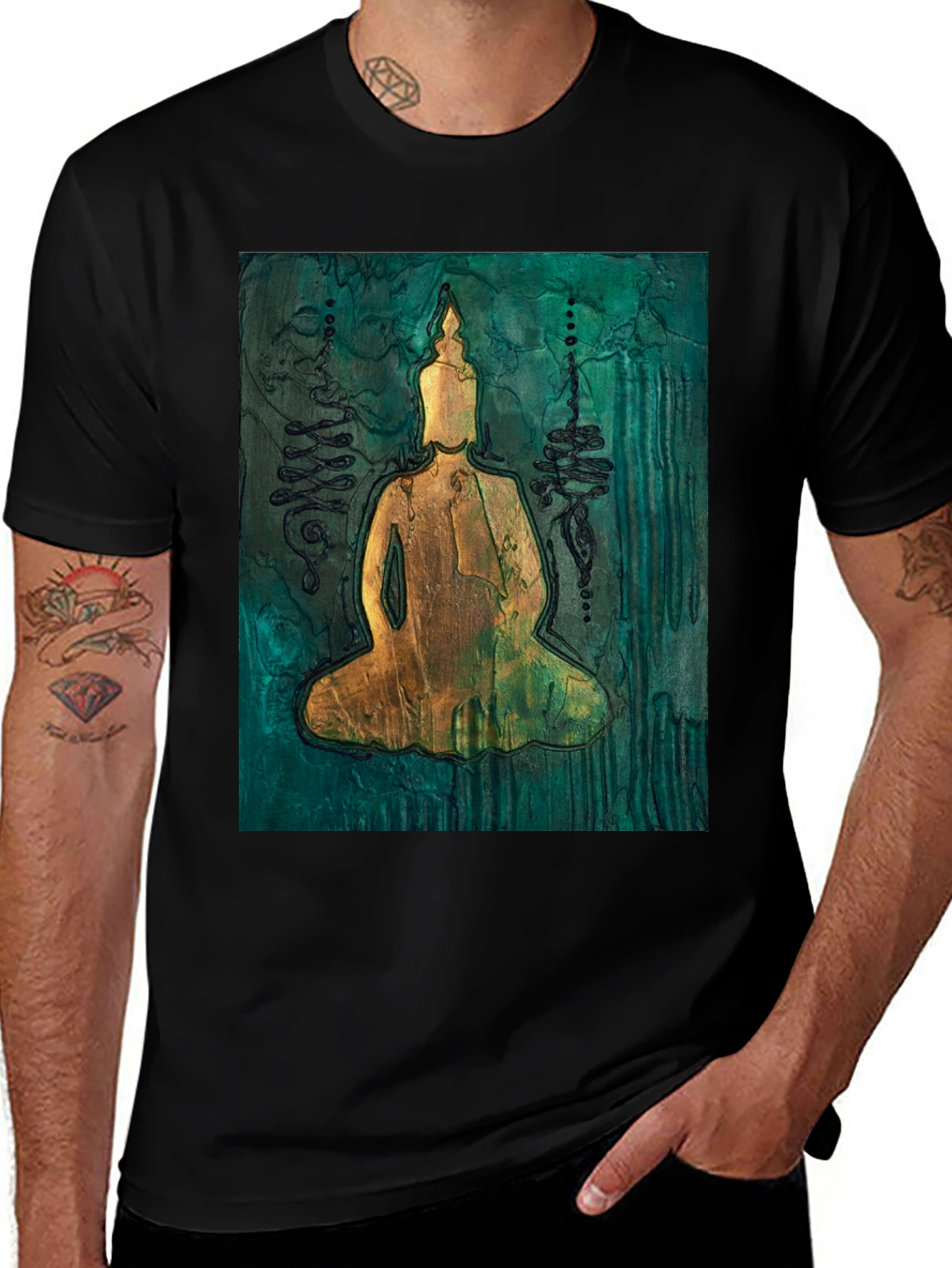 Buddha Graphic Tee - Teal & Gold Design