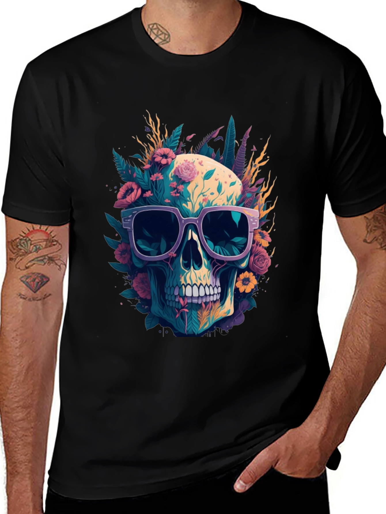 Variant 19 of Floral Skull Tee - Trendy Graphic Print