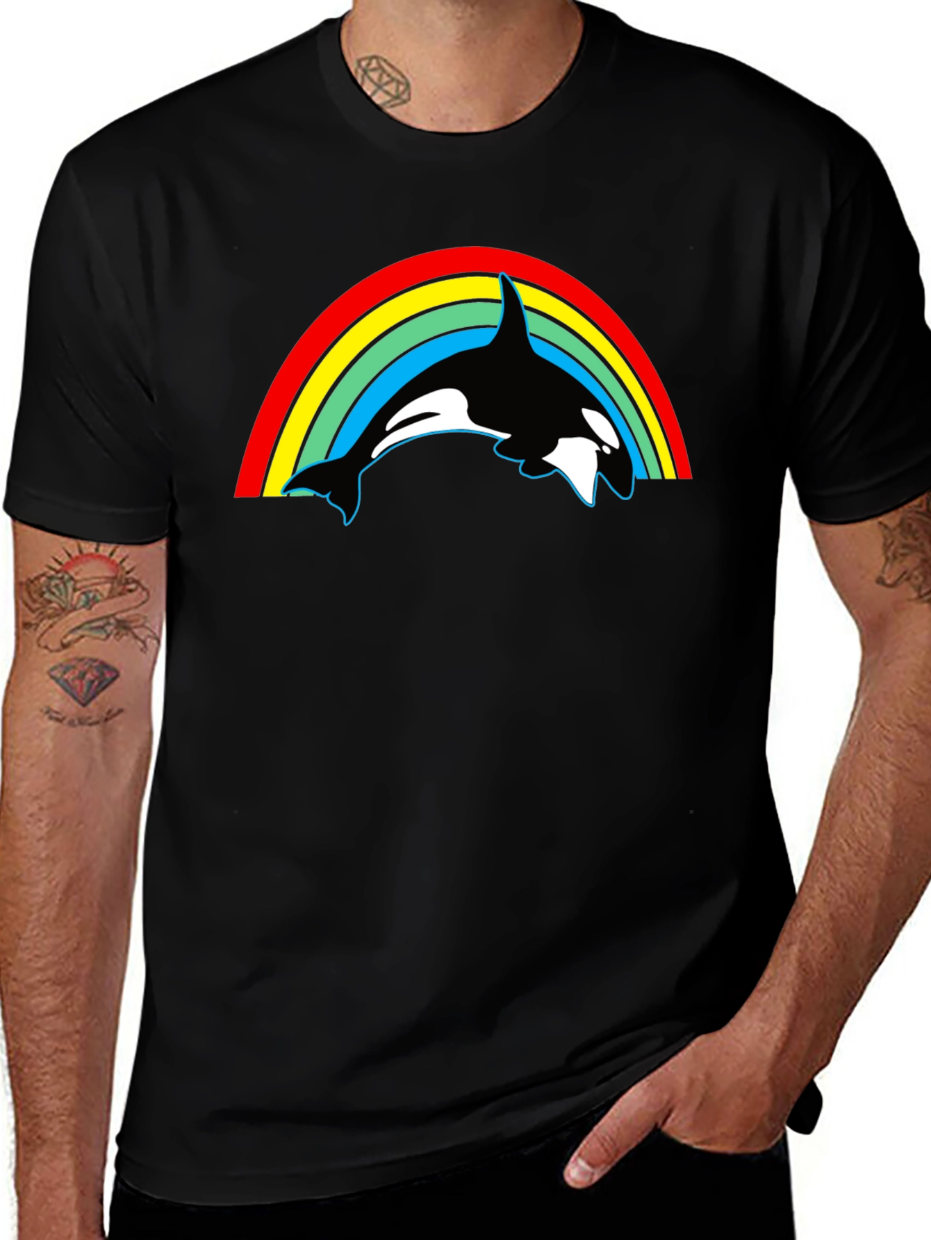 Orca Rainbow Graphic Tee - Black Cotton T-Shirt