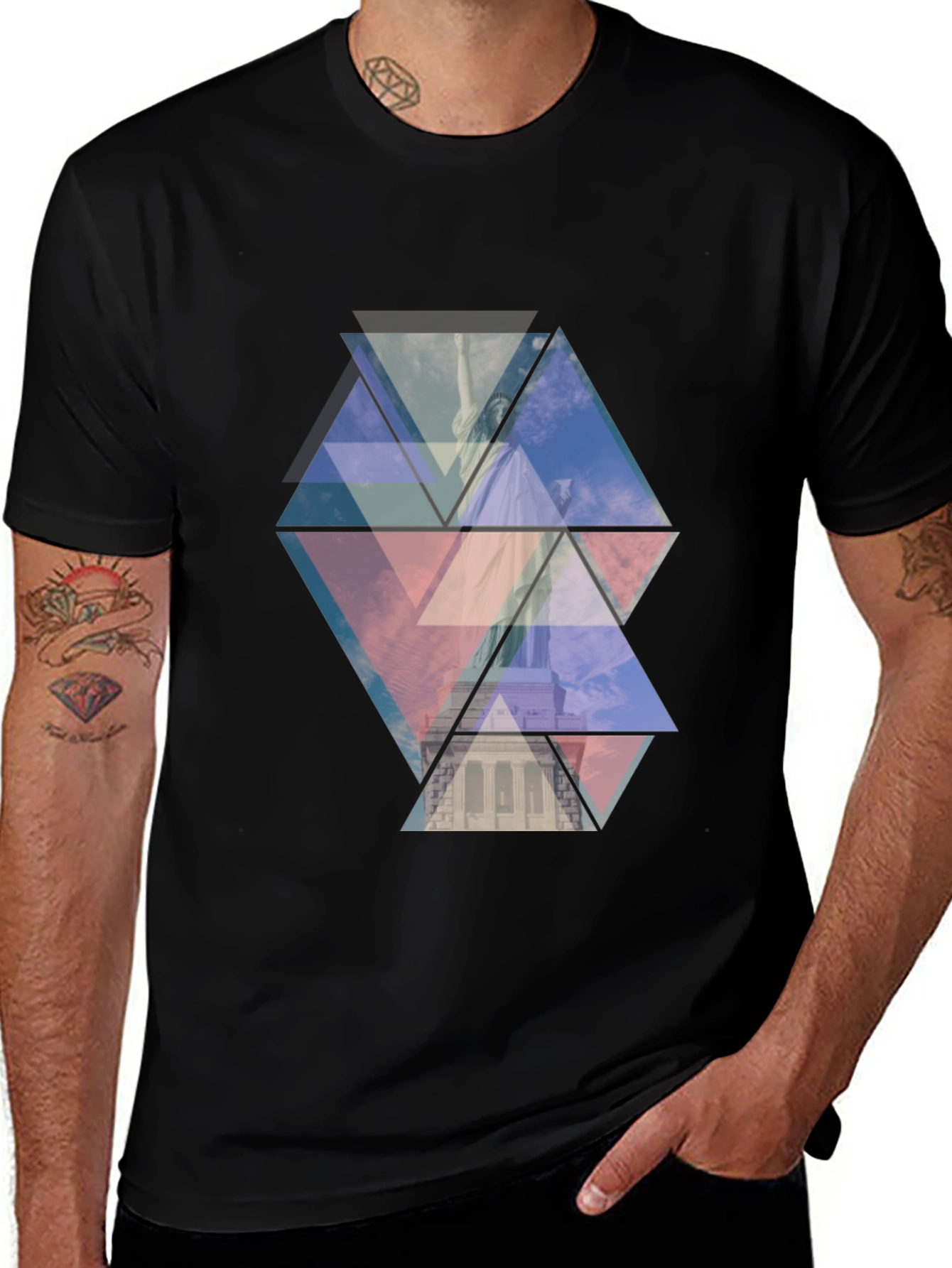 Variant 6 of Geometric Statue of Liberty Print Black Tee