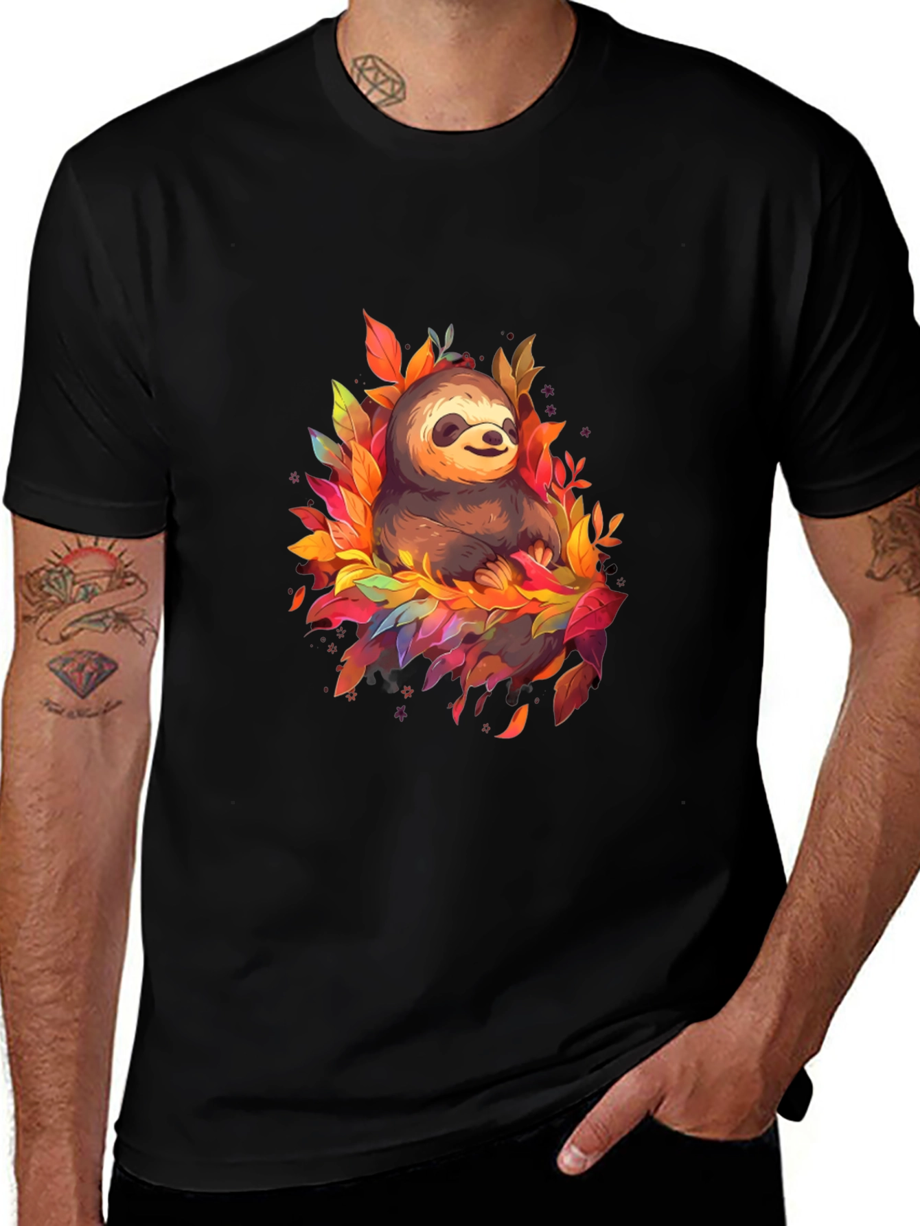 Variant 30 of Cute Sloth Fall Leaves Black T-Shirt