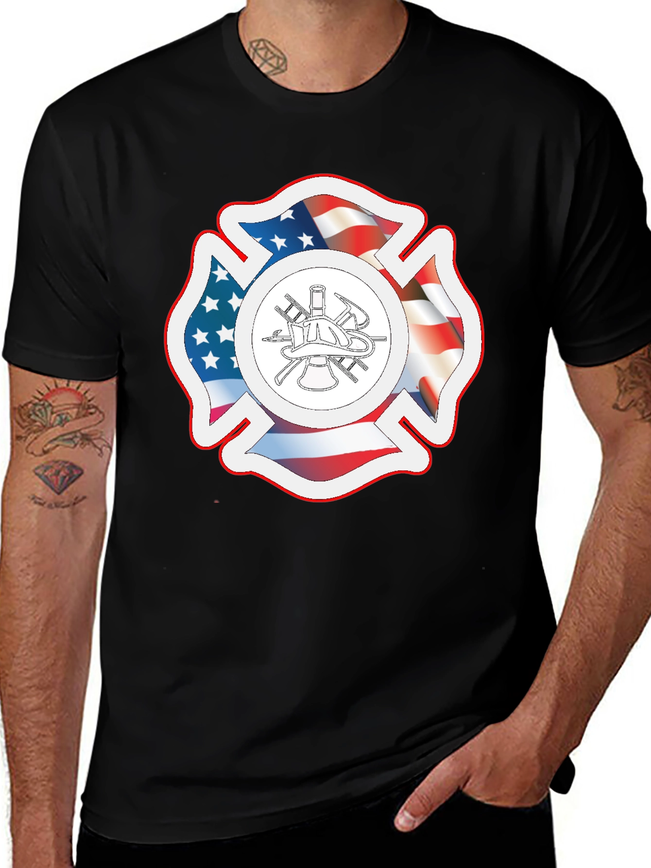 Variant 13 of American Flag Firefighter Maltese Cross Graphic Tee