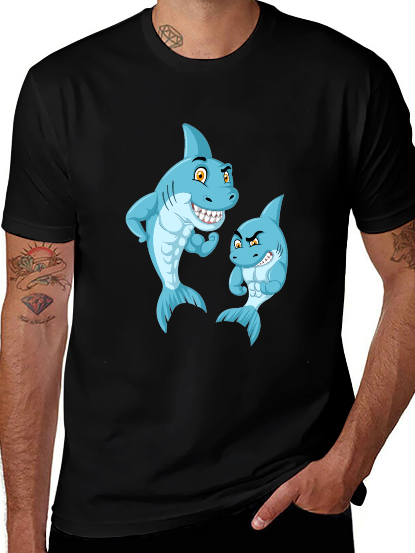 Variant 6 of Shark Cartoon Graphic T-Shirt, Black, Crew Neck