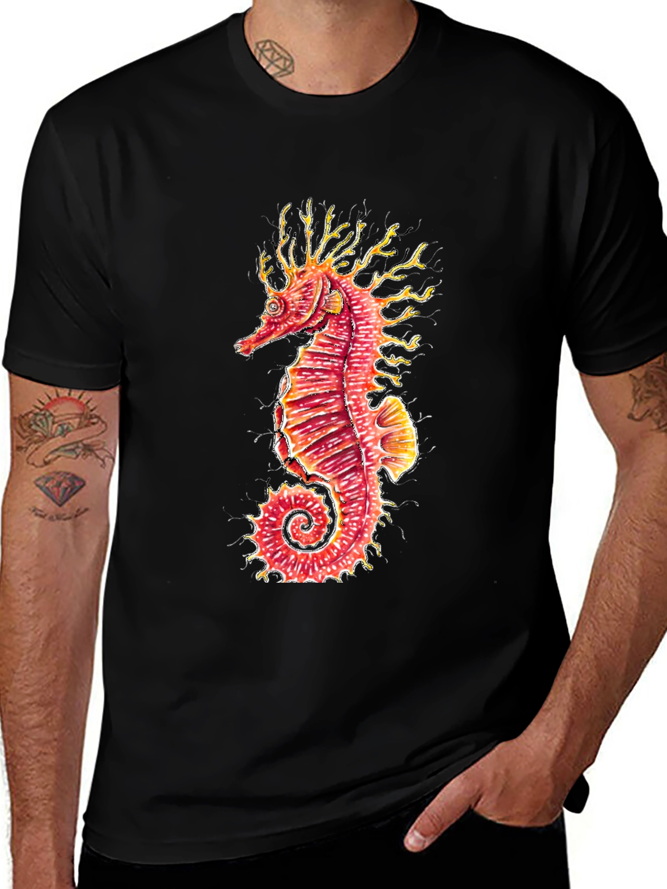 Variant 23 of Seahorse Graphic Print Men's Black T-Shirt