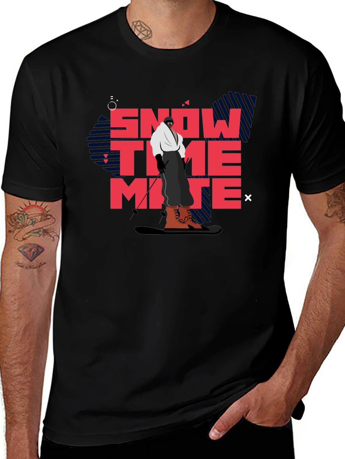 Variant 27 of Snow Time Mate T-Shirt Black Cotton Skiing Graphic Tee