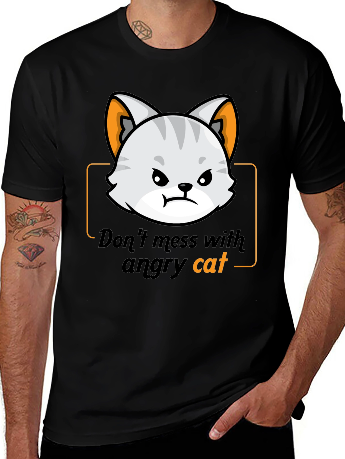 Angry Cat Graphic Tee - Black Cotton T-Shirt