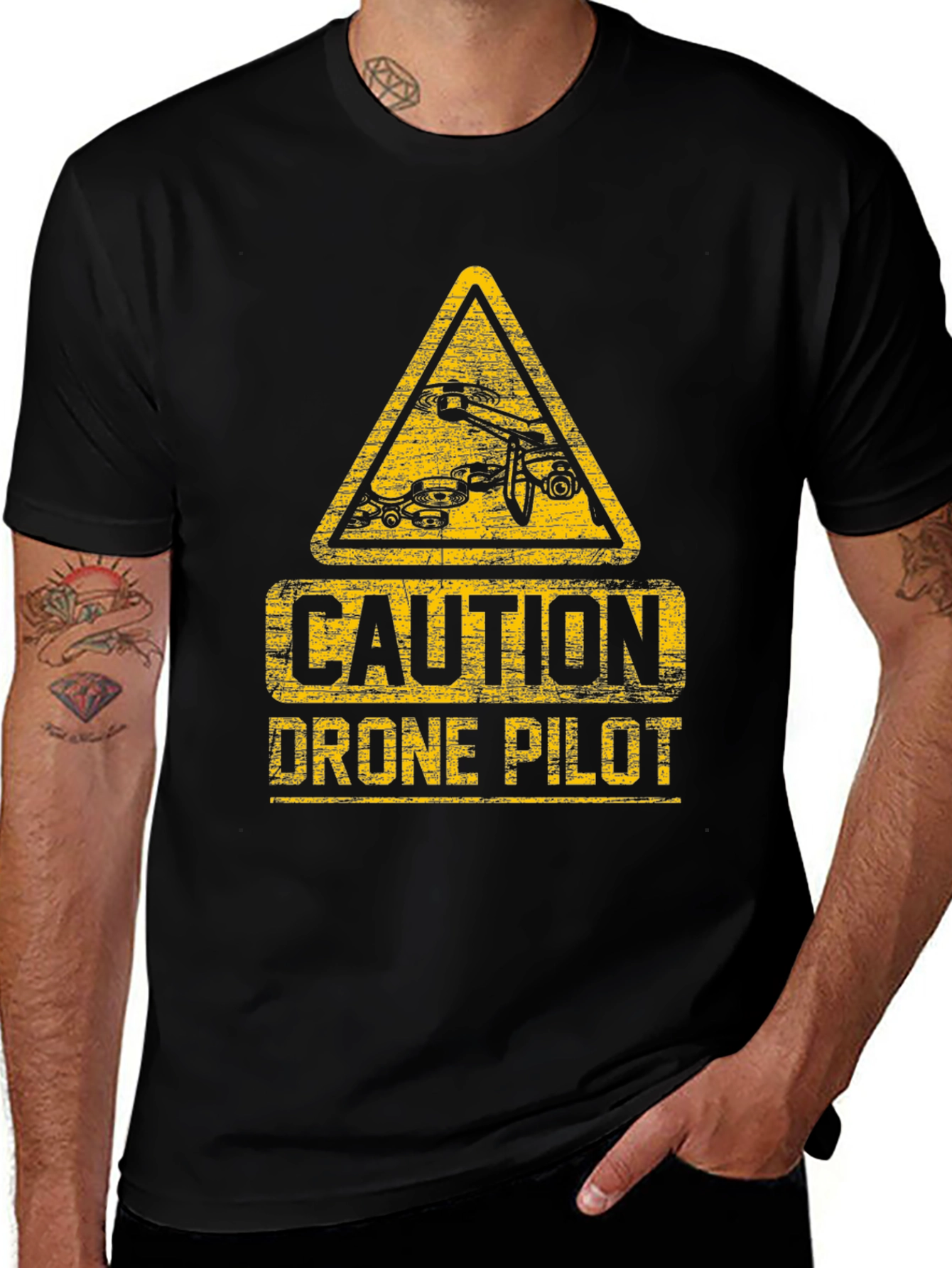 Variant 2 of Caution Drone Pilot T-Shirt - Black Crew Neck