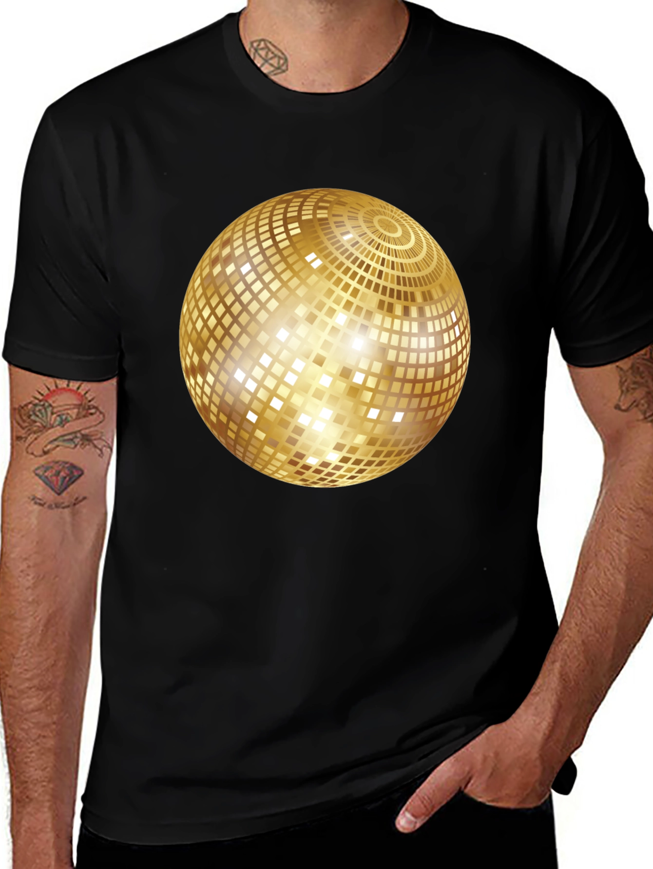 Variant 13 of Retro Disco Ball Graphic Tee - Black Cotton Blend Shirt