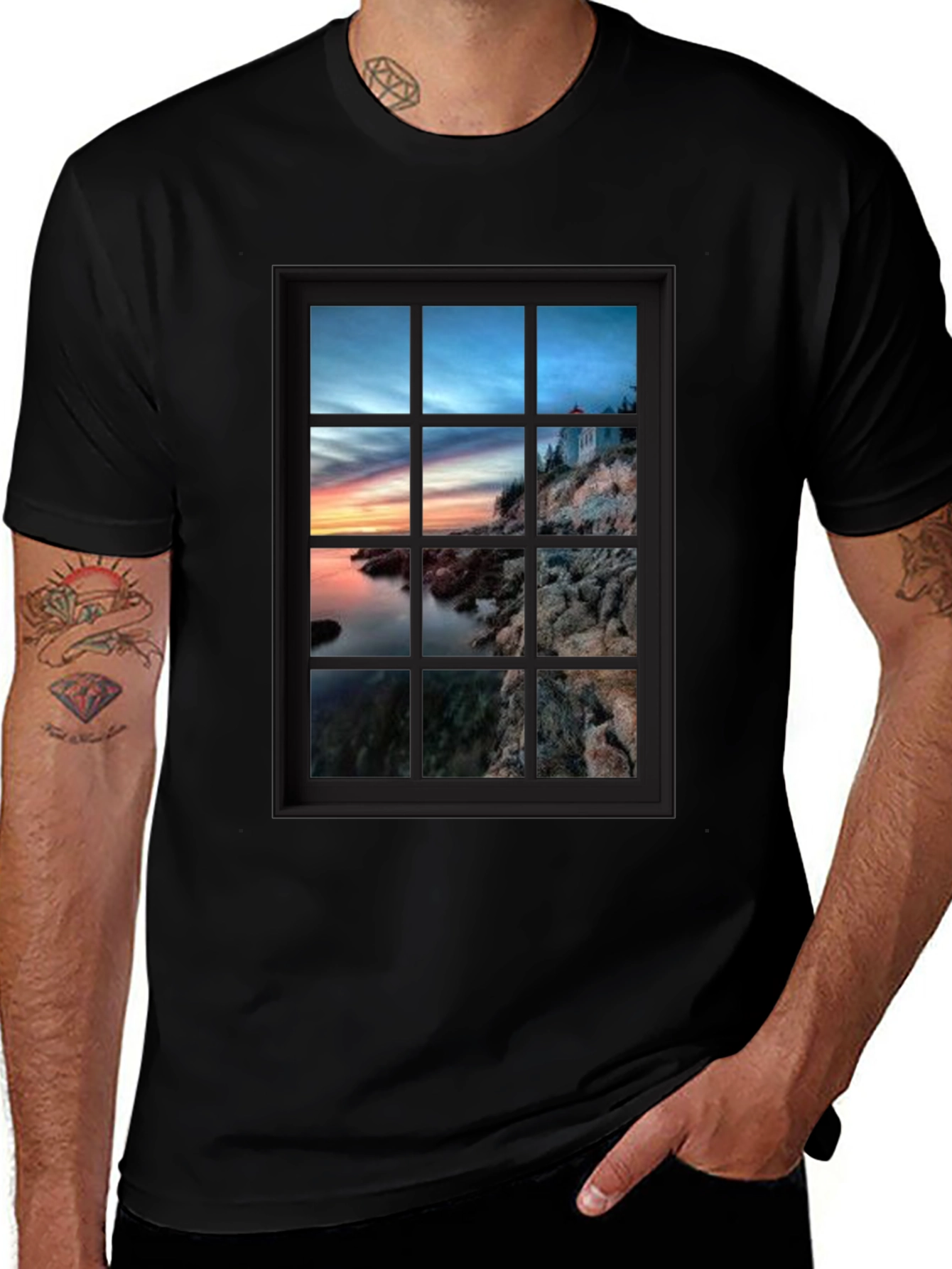 Variant 15 of Scenic View T-Shirt - Coastal Sunset Window Design