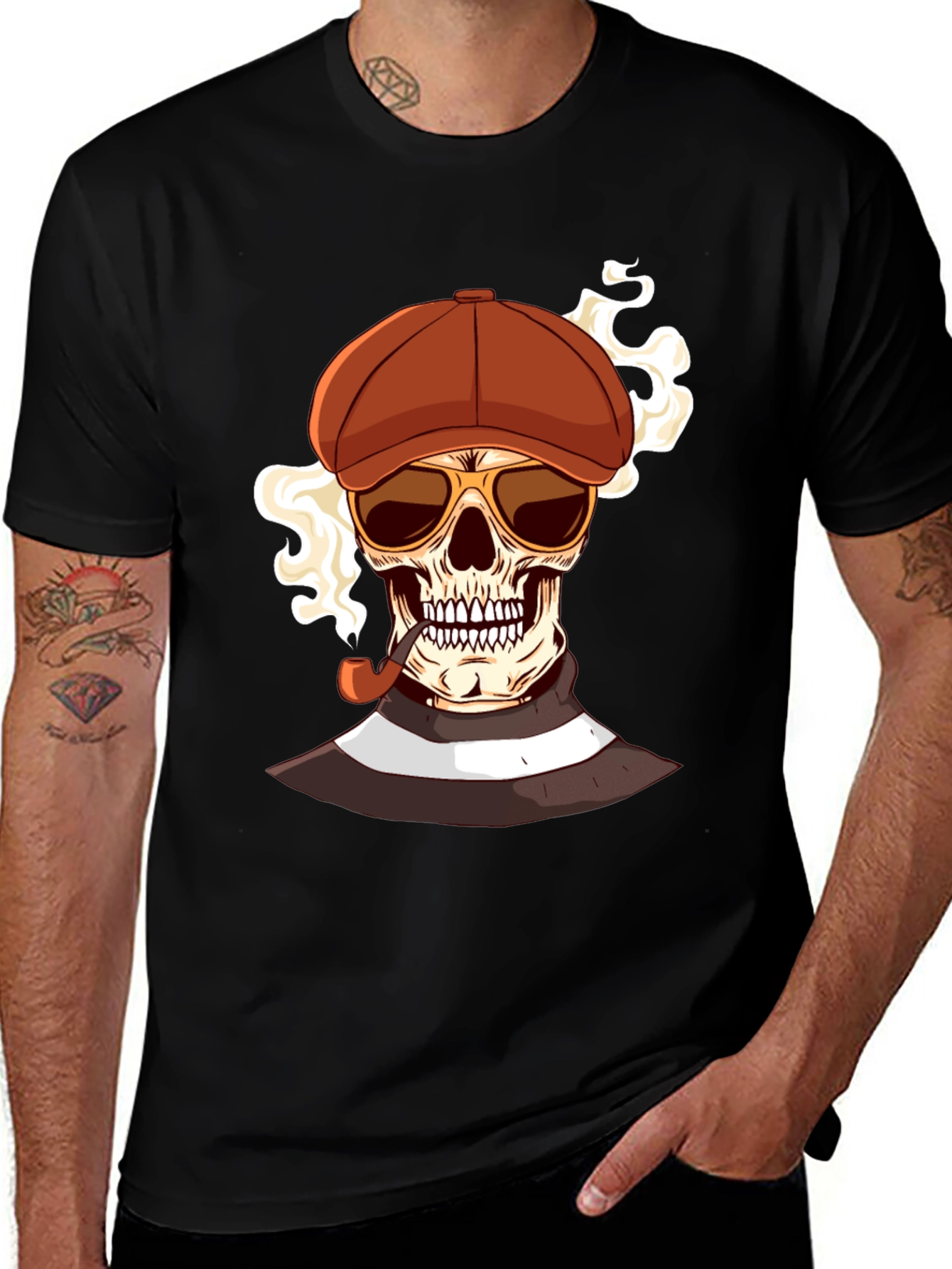 Variant 16 of Skull with Hat & Pipe T-Shirt - Unique Graphic Tee
