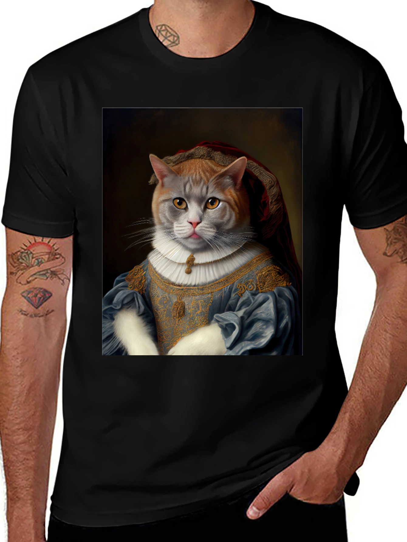 Renaissance Cat Portrait T-Shirt - Elegant Feline Design