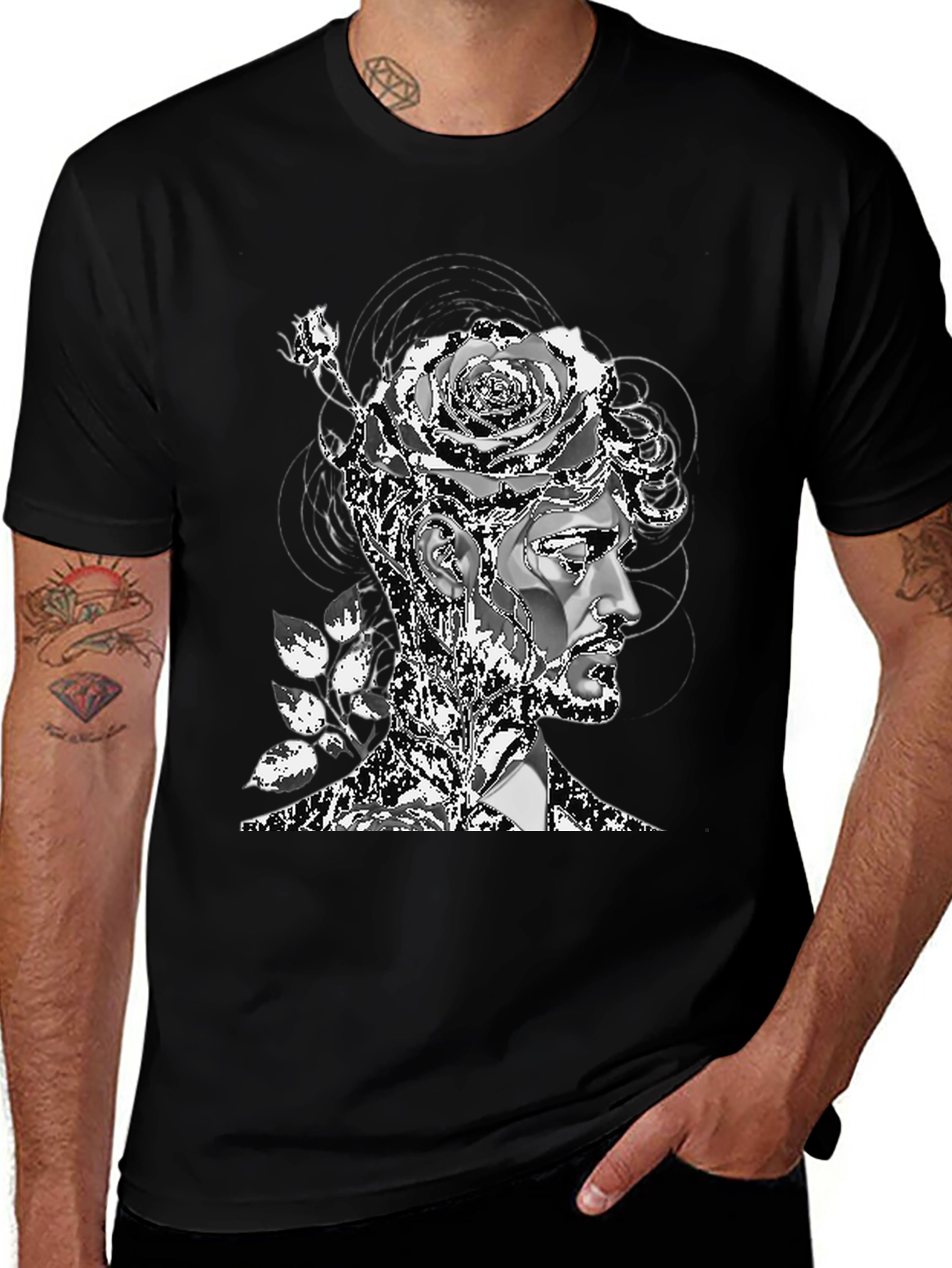 Variant 30 of Artistic Floral Head T-Shirt - Mens Black Tee