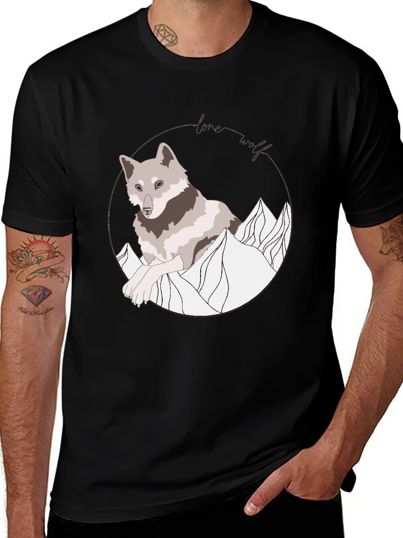 Variant 22 of Lone Wolf Graphic Tee - Mountain Design Black Shirt