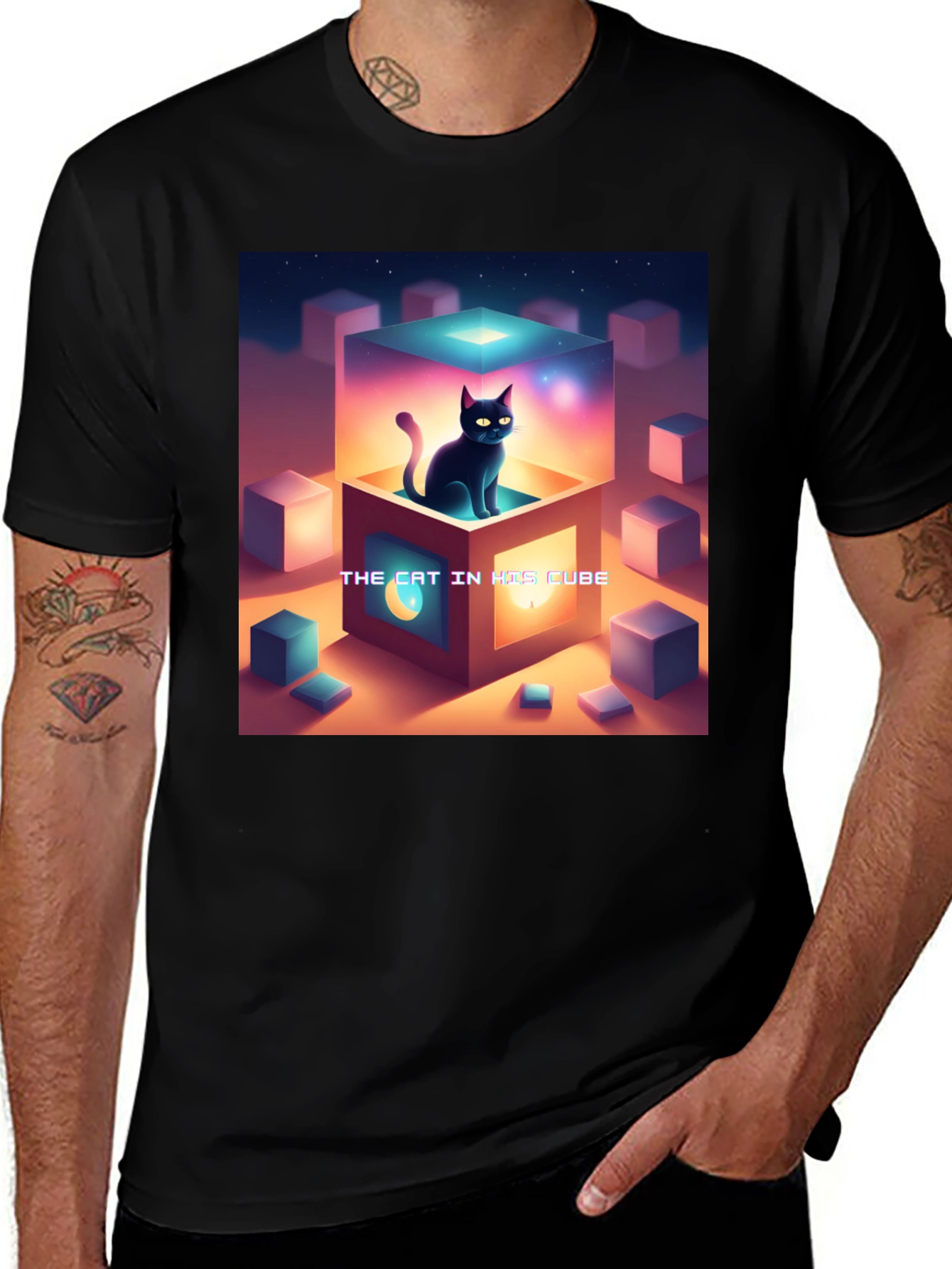 Cat In Cube Graphic Tee - Unique Design