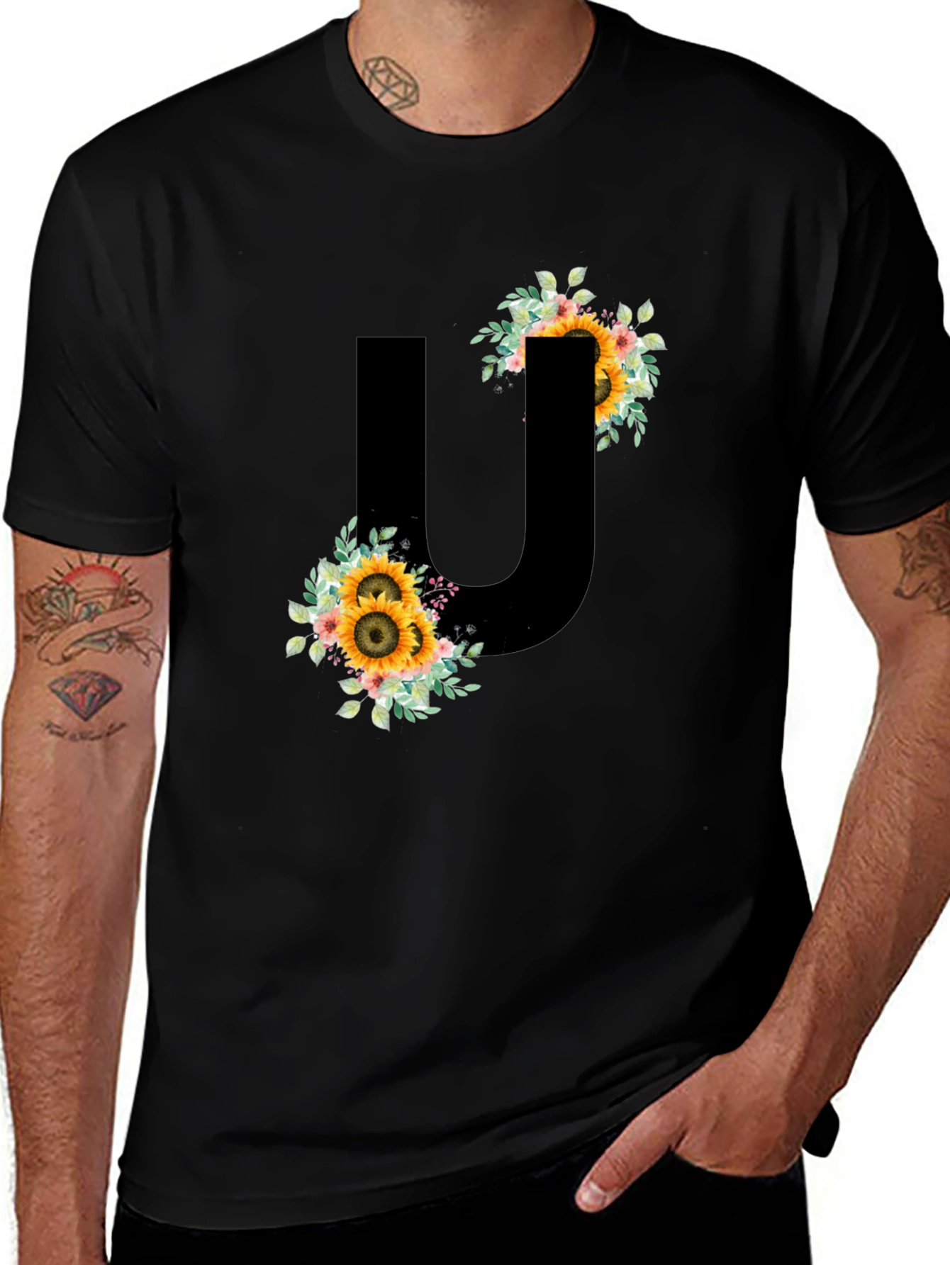 Sunflower Initial "U" Black T-Shirt